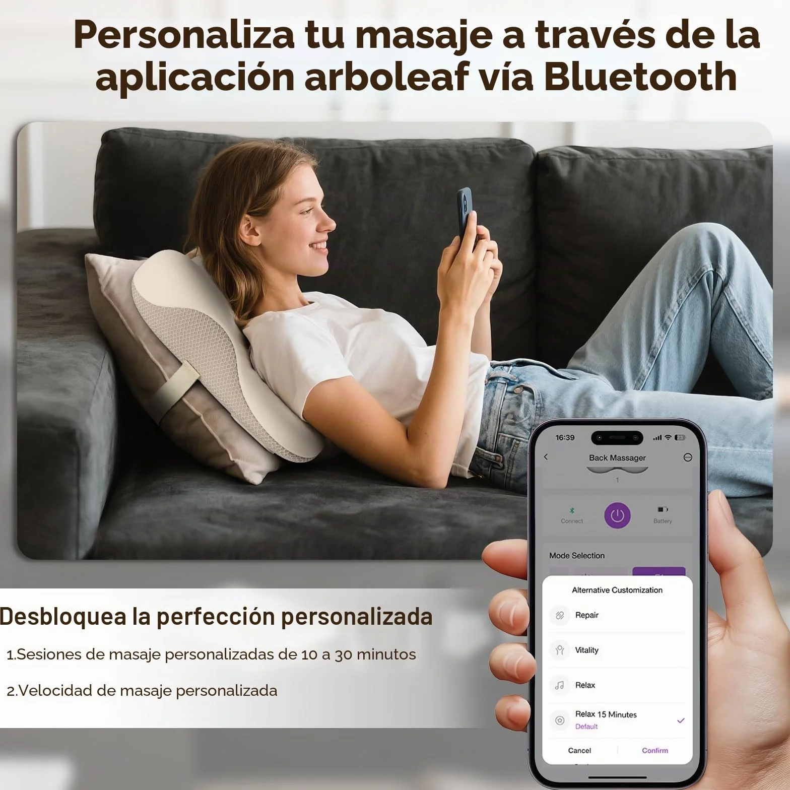 Arboleaf Cojín de Masajeador Shiatsu con Bluetooth y Control por APP, Masajeador de Cuello, Espalda y Lumbar con Calor