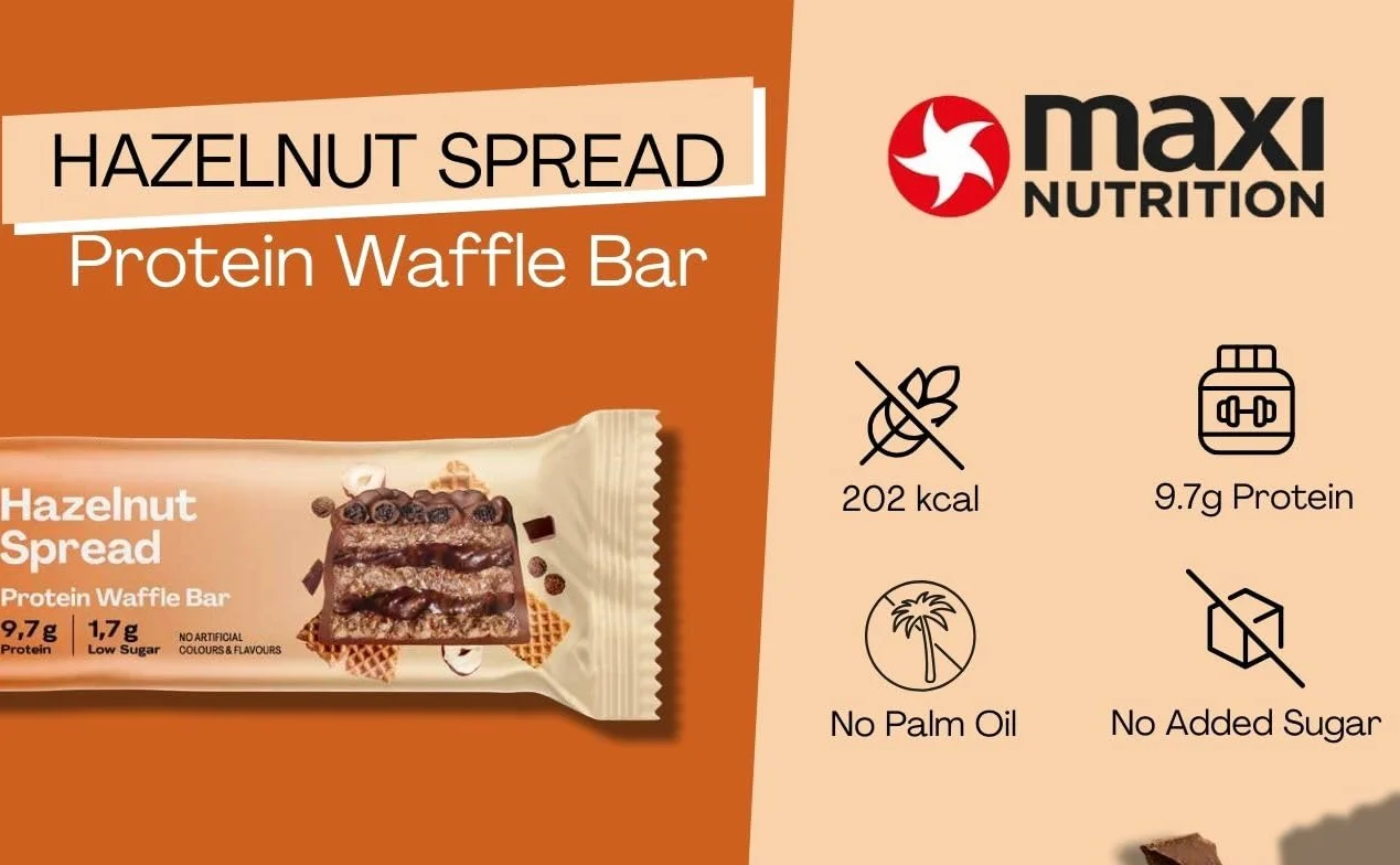 MaxiNutrition Hazelnut Spread Gofre de proteínas 25% proteínas 202 kcal 12 barras 39 g sin azúcar añadido