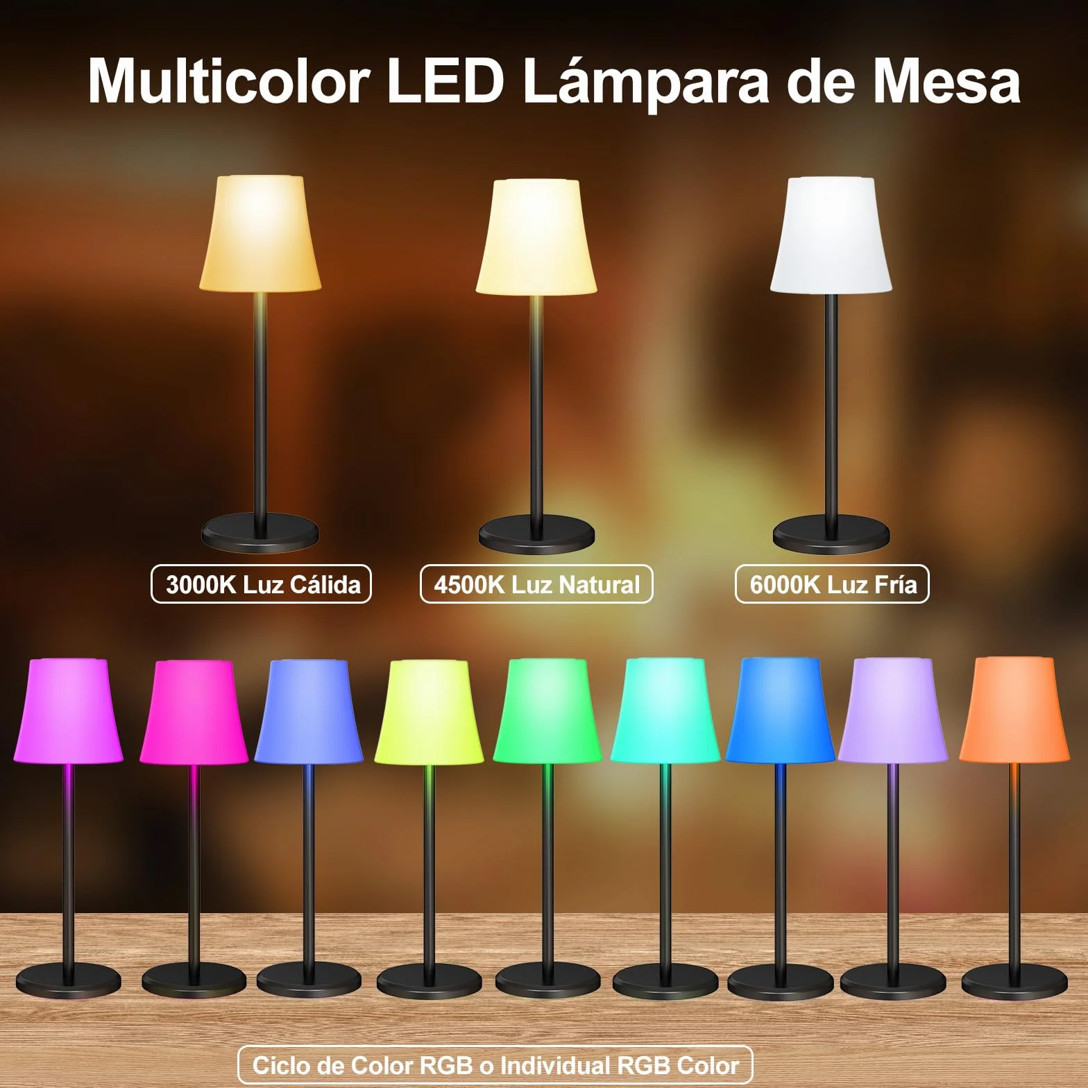 Suright Lámpara de Mesa Inalámbrica con 3 Temperaturas de Color RGB, Recargable IP54 Impermeable