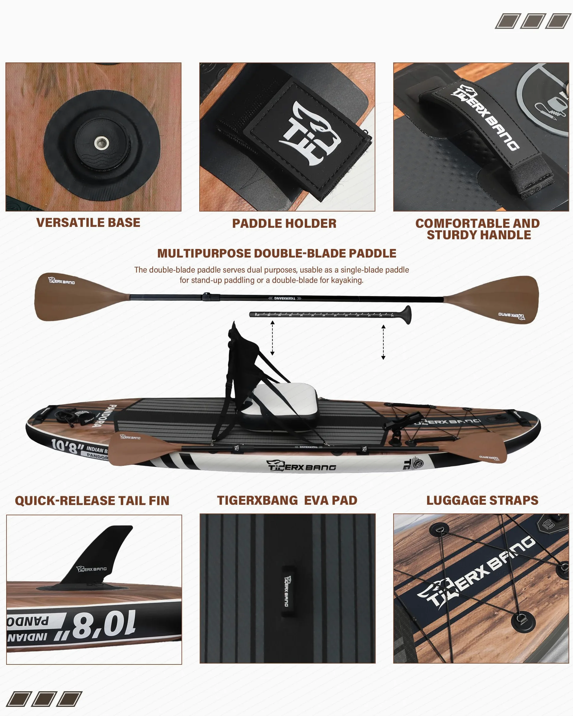 TIGERXBANG Tabla de Paddle Hinchable 330cm, Extra Ancha, Asiento Mejorado, Soporte para Accesorios y Sostenedor para Caña de Pescar, Accesorios Premium para Paseos Recreativos y Pesca