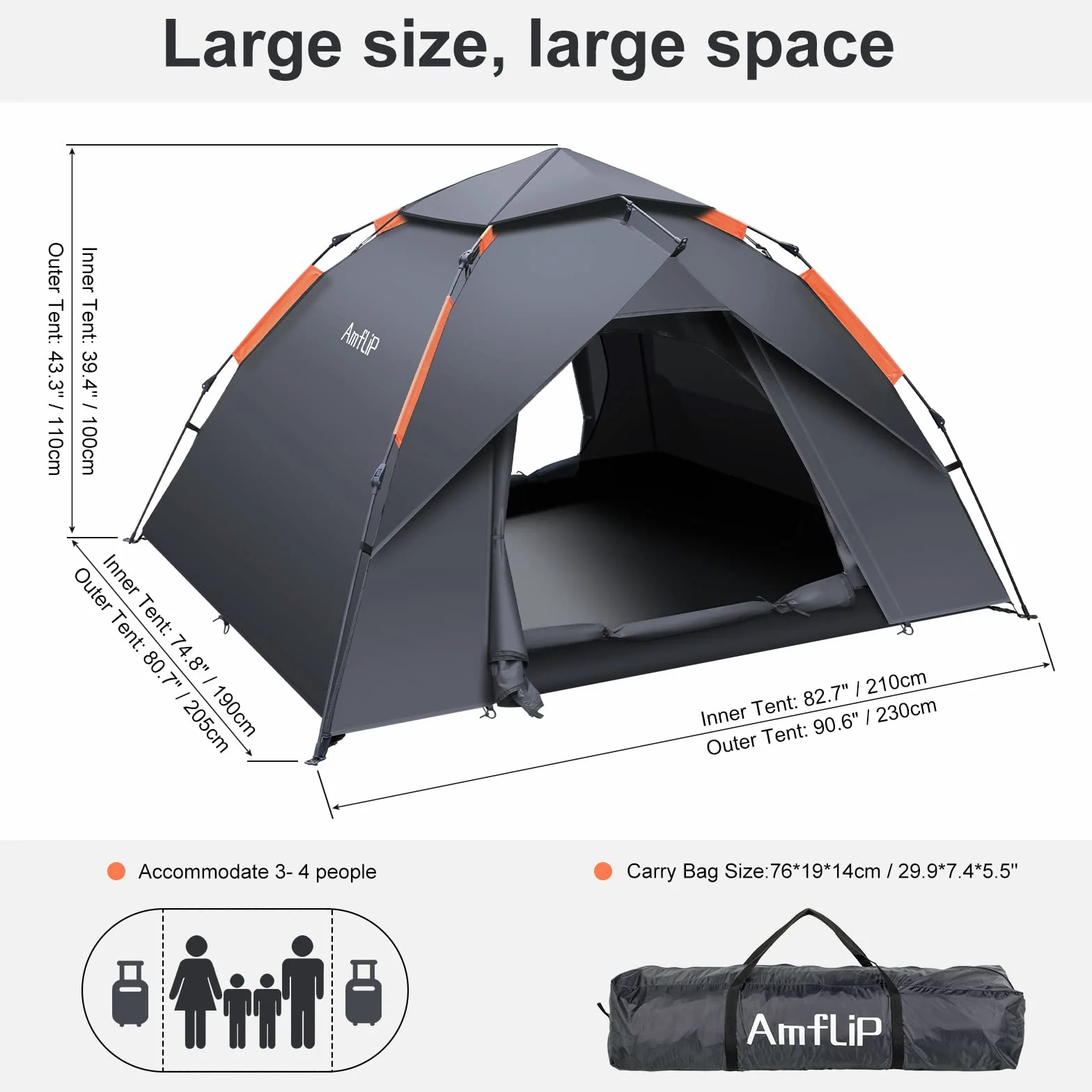 Amflip Tienda de Campaña Automática para 3 Hombre Personas, Tienda de Camping Carpa Interior y Exterior 2 en 1, Anti Impermeable Viento, Puerta Doble para Senderismo Escalada al Aire Libre Viaje