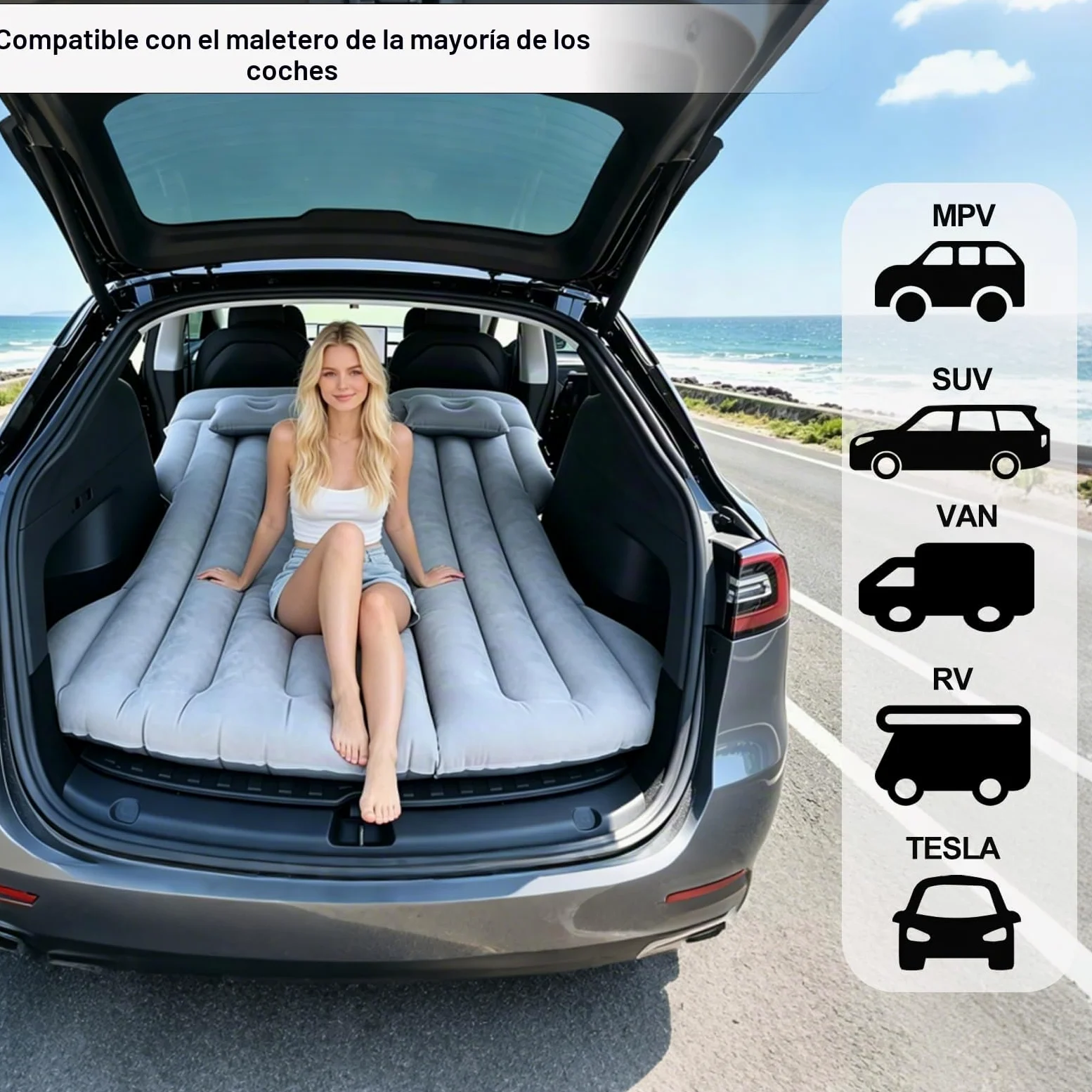 Colchón de Coche Hinchable Tesla Model Y y SUV - para Acampar (Grey) | 190 cm x 130 cm, con Bomba y 2 Almohadas Pequeñas, 4 Áreas Multifuncionales Independientes, Apto para la Mayoría de Vehículos