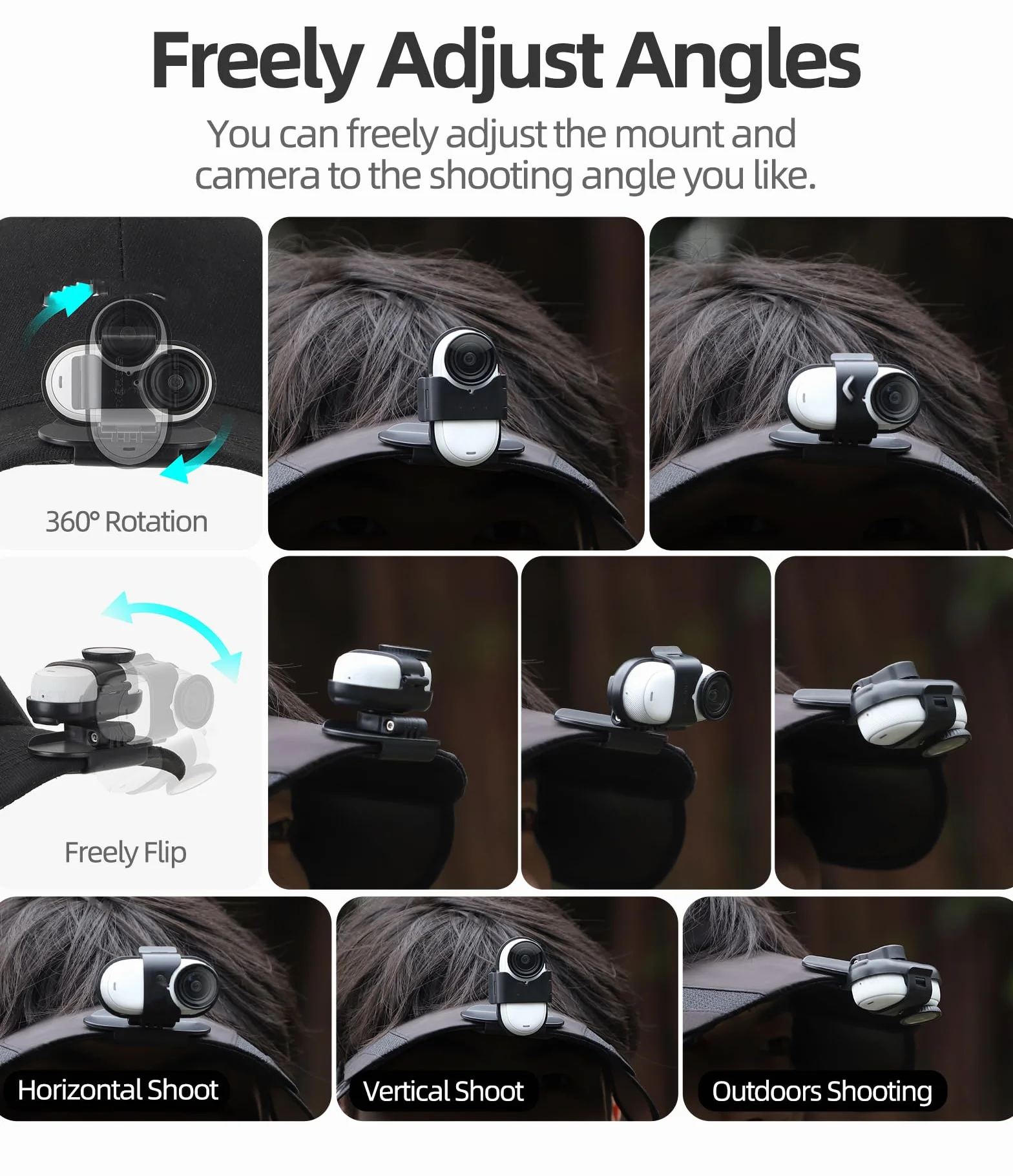 Soporte de clip para sombrero Insta360 Go 3S/Go 3 con dos cuñas de rotación de 360°, vista POV, fácil instalación para accesorio de cámara de acción
