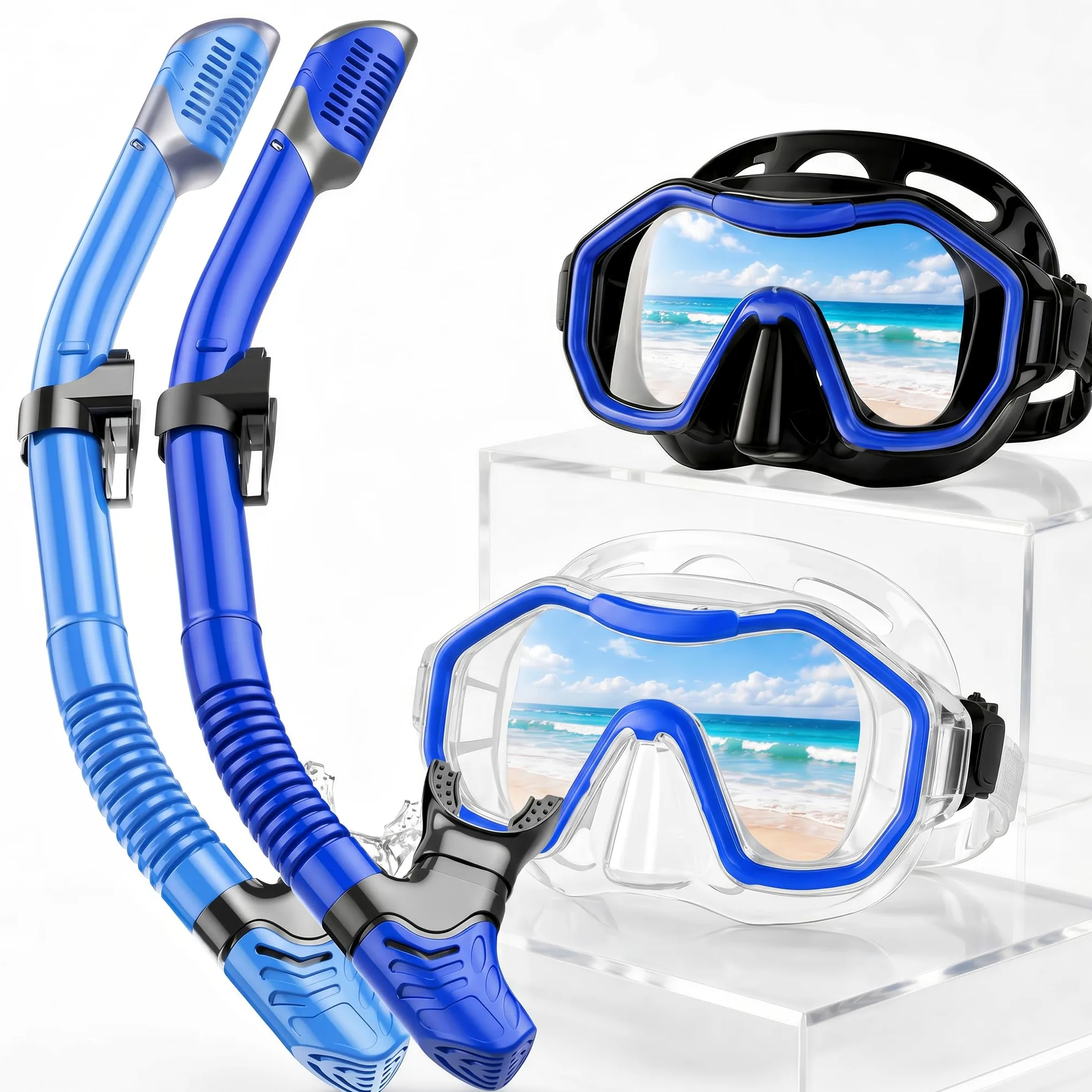 Equipo de esnórquel para adultos, juego de esnórquel con parte superior seca, panorámica de 180°, máscara de buceo para respirar libremente, máscara de esnórquel para esnórquel, buceo