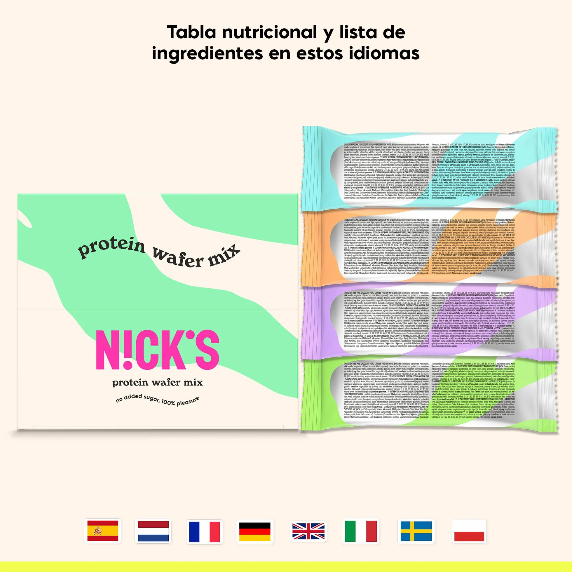 NICKS Barritas Protein wafer 25% Proteína 203 calorías Chocolate Sin Azúcar Añadido Low Carb Snack Bar Sin Gluten 9x40g