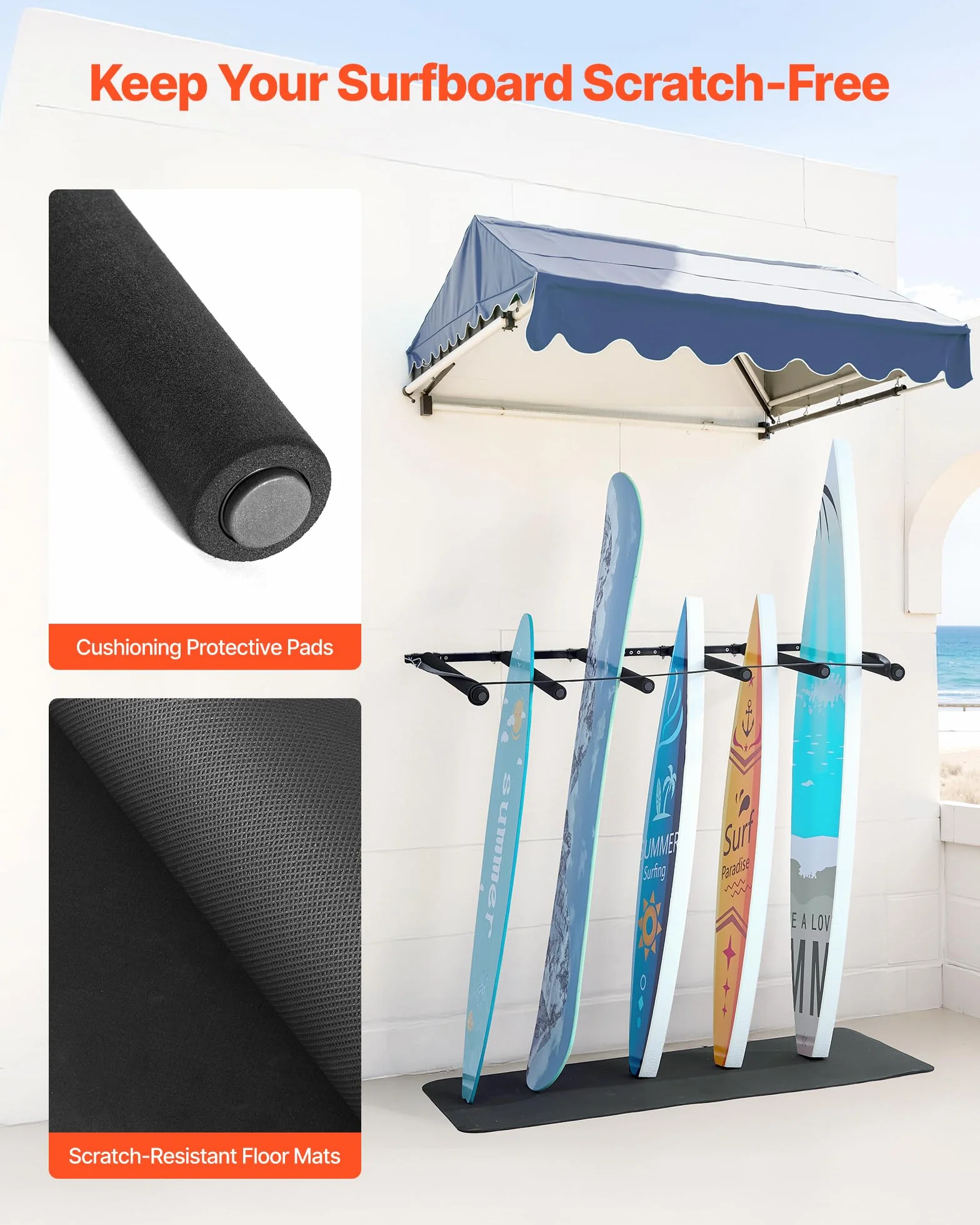 VEVOR Soporte de Pared para Tablas de Surf de 5 Niveles, Organizador Ajustable Negro