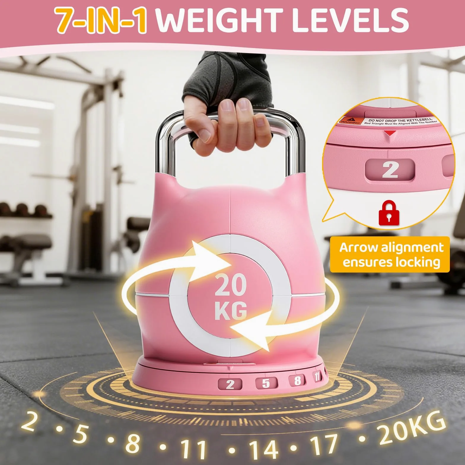 Kettlebell Ajustable 10 kg 20 kg – Pesas Rusas 7 en 1 – Kettlebell con 7 Niveles de Peso, Compacta para Entrenamiento de Fuerza, Hogar y Gimnasio (Rosa, 20kg)