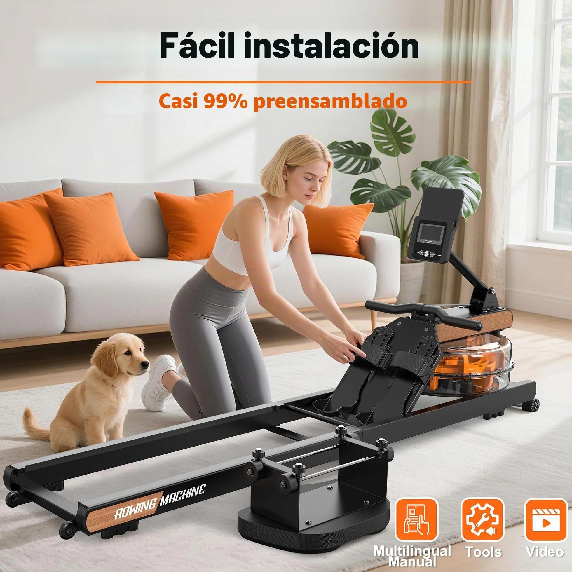 Máquina de Remo, Máquina de Remo de Agua con Monitor Bluetooth y Soporte para Tableta Ajustable, Máquina de Remo Plegable, Máquinas de Remo Capacidad de Peso 160 kg, Fácil Montaje