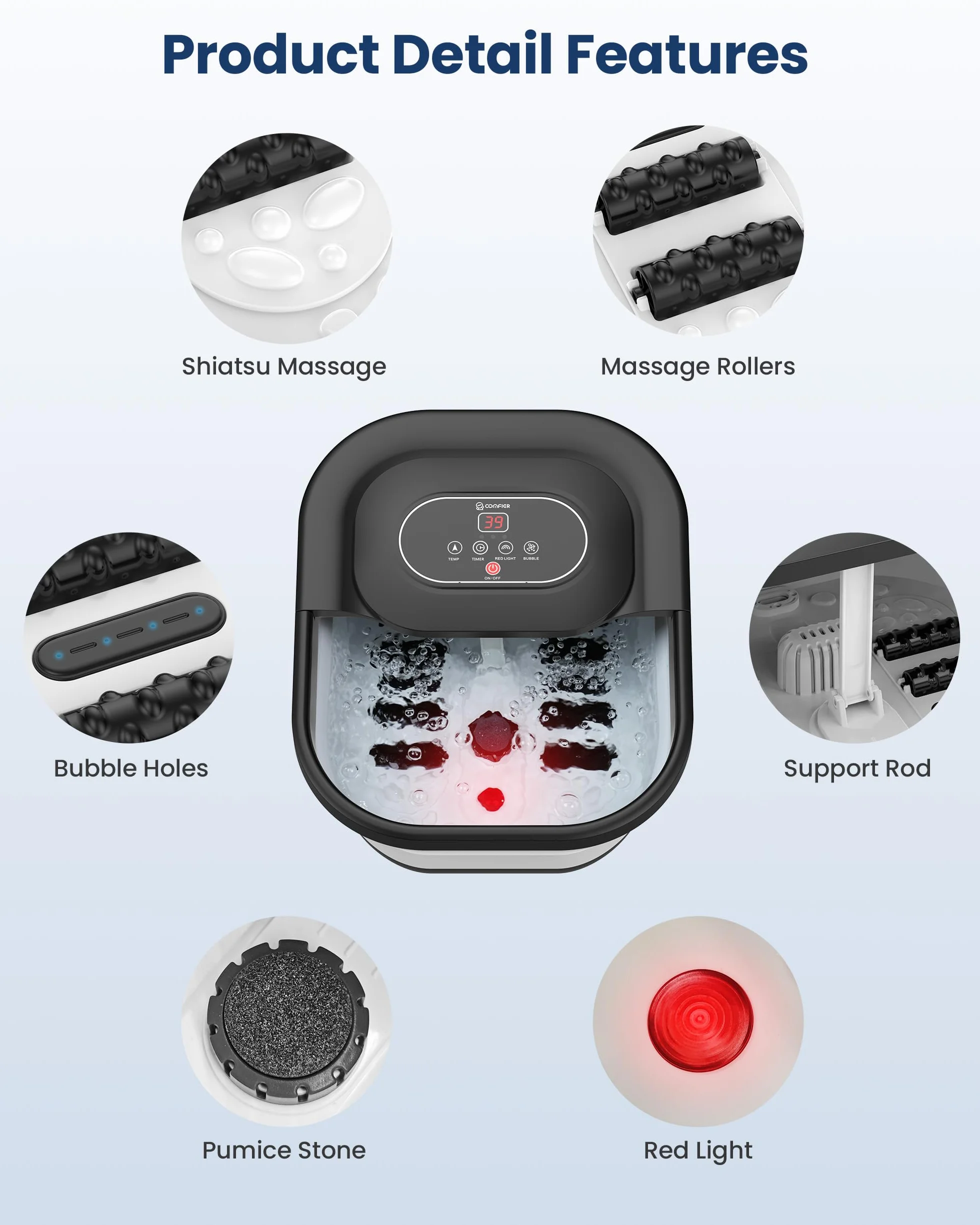 COMFIER Spa para Pies con Calor, Burbujas y Vibración, Control de Temperatura, Piedra Pómez, Temporizador Inteligente, Regalos para Mujeres (Negro)