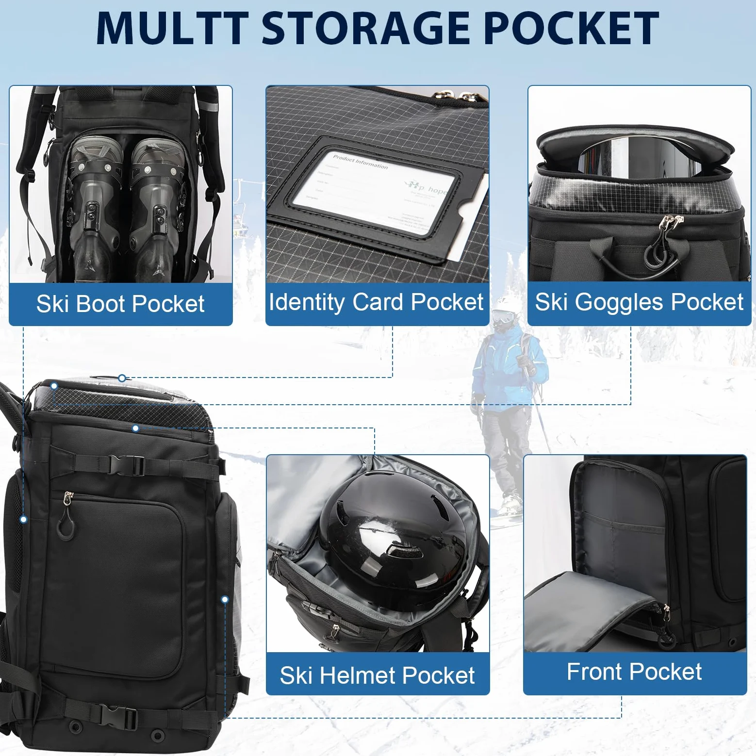 Hp hope Bolsa para botas de esquí con compartimento para casco, mochila de esquí con bolsa para casco, bolsa de esquí para casco de esquí, botas de esquí, patines, snowboard, mochila, senderismo