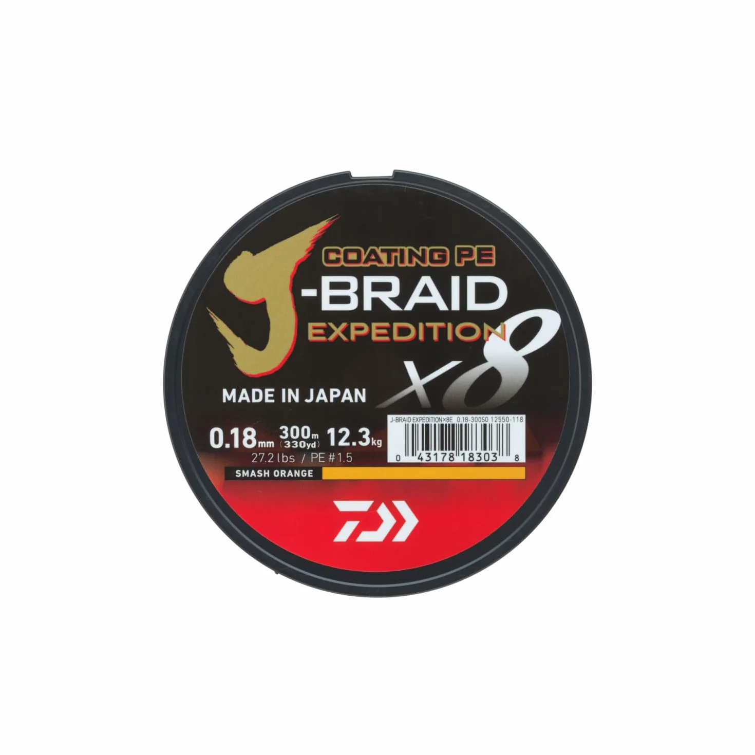 DAIWA J-Braid Expedition X8E, 0,20mm, 16,0kg/35,3lbs, 300m, Smash Orange, Naranja, Sedal Trenzado, Hilo de Pescar, 12550-120