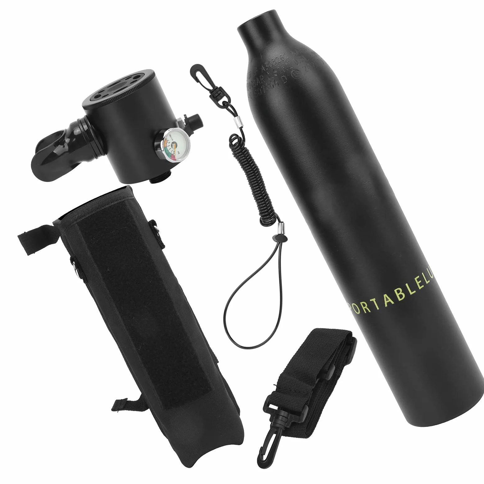 Tanque de Buceo Portátil de 0,5 L Cilindro de Oxígeno Subacuático de Fácil Respiración para Bucear con Bolsa de Almacenamiento y Manómetro Luminoso para Salvavidas