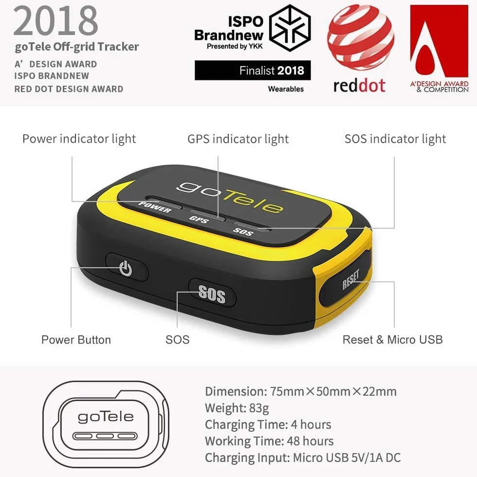 goTele Off-Grid al Aire Libre Tiempo Real GPS Seguimiento Faro, Texto y Seguimiento de ubicación en su teléfono sin Servicio de Red