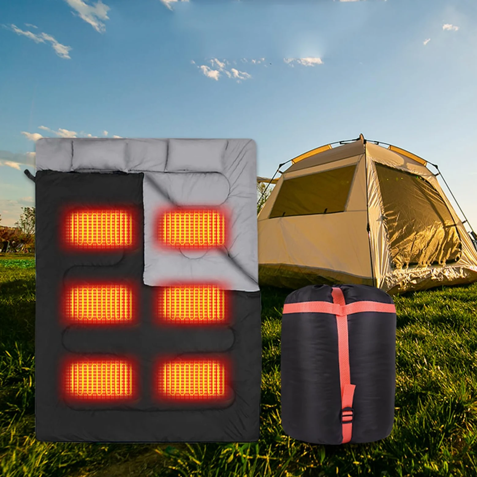 Saco de dormir con calefacción doble tamaño Queen para adultos, 3 estaciones, clima cálido y frío, perfecto para camping, senderismo y mochileros