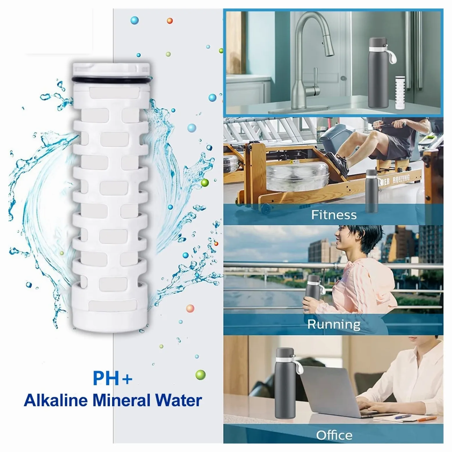 Flujo de agua rápido y ecológico Reemplazo de filtro de agua mineral alcalina PH+ for jarra de botella de acero inoxidable aislada(6x Filter)