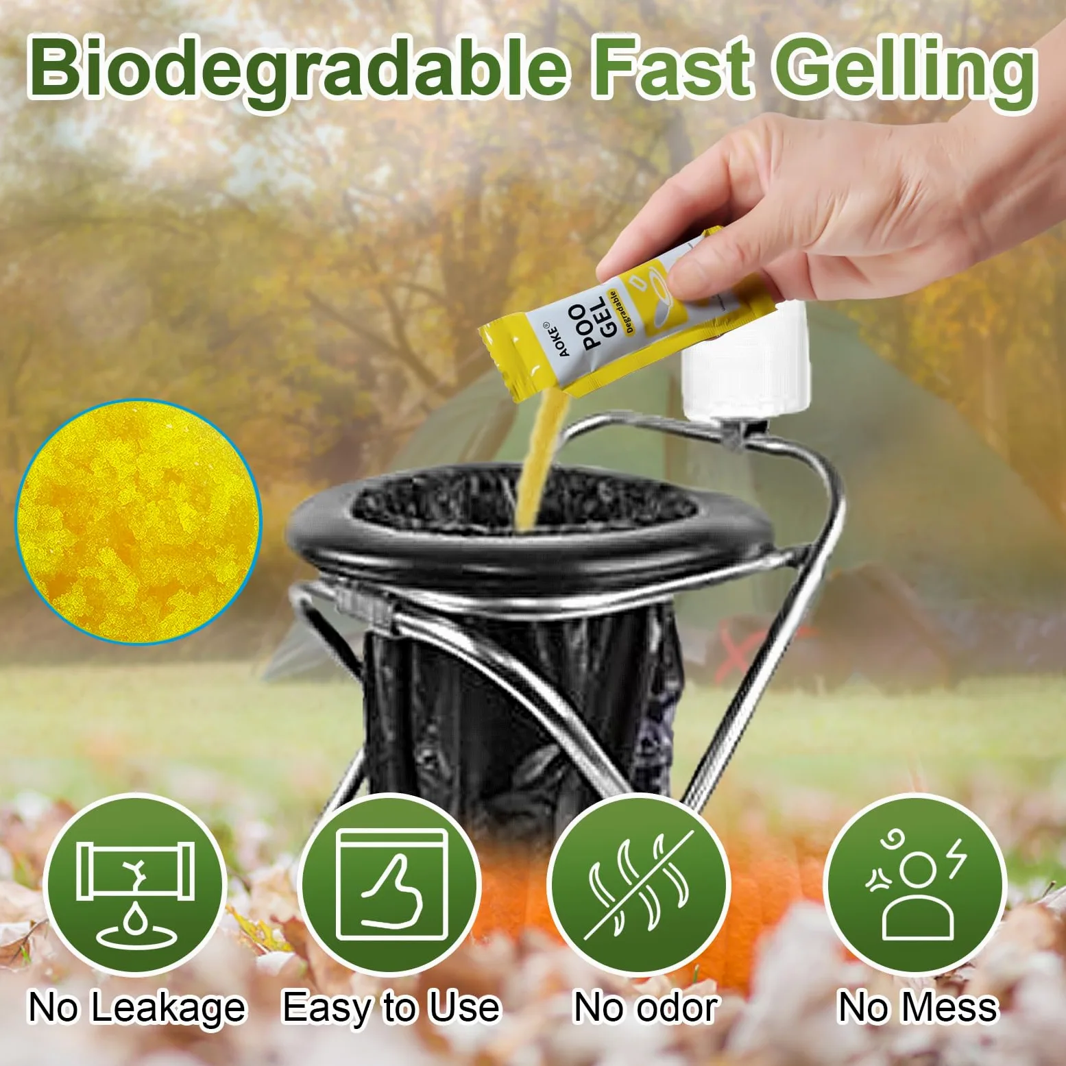 AOKE Polvo de inodoro portátil, paquete de 100 unidades de gel de caca con aroma a lavanda para camping, gel absorbente ecológico, polvo desodorizante y gelificante, tratamiento de residuos de inodoro