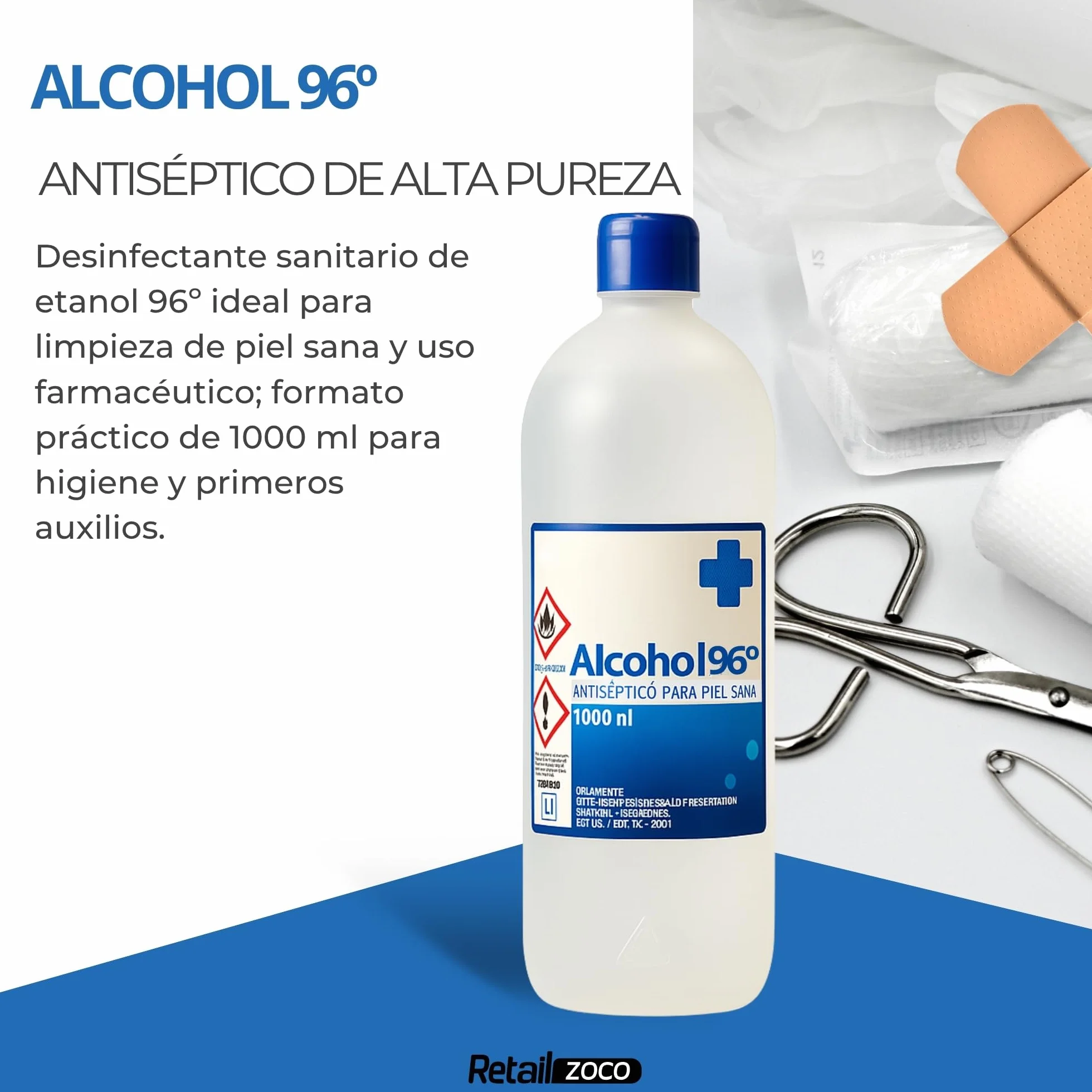 Alcool 96º Etanol 1000 ml Antiseptico Desinfectante Manos Tapón Seguridad