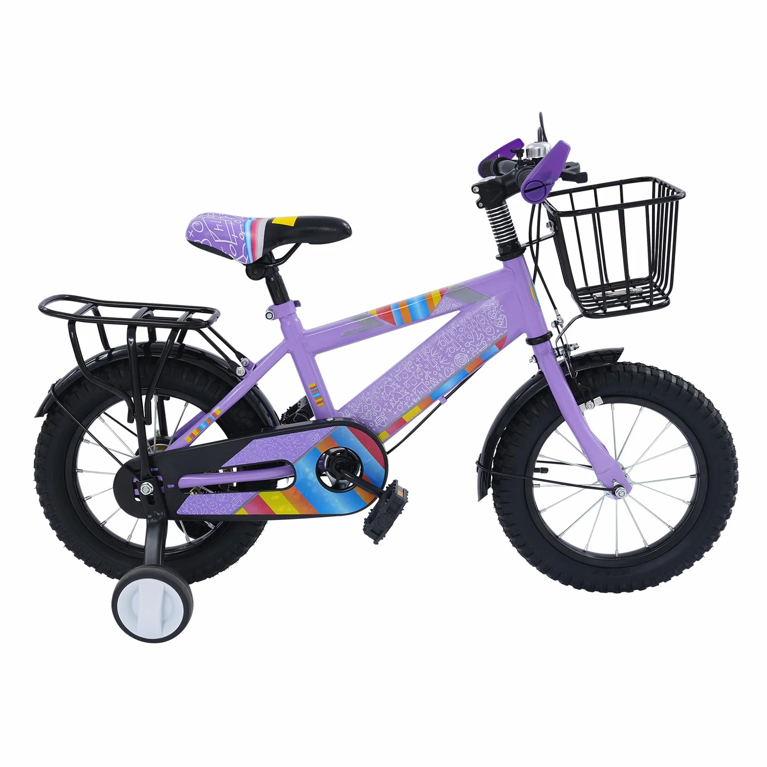 Bicicleta infantil de 14 pulgadas con asiento trasero, cesta ajustable y ruedas estabilizadoras, adecuada para niños y niñas de 3 a 6 años y una estatura de 95 a 115 cm, color morado