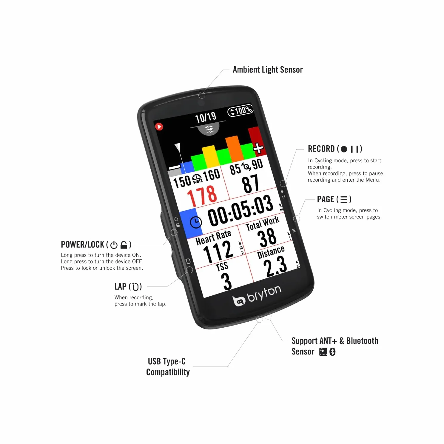 Bryton Rider S810 Pack Total 3 Sensores (Velocidad, Cadencia, Pulso) | Ciclocomputador GPS Táctil Color 3.5" | Batería 50h | Mapas Europa y Voz | Kit Ant+/BLE, Radar y E-Bike