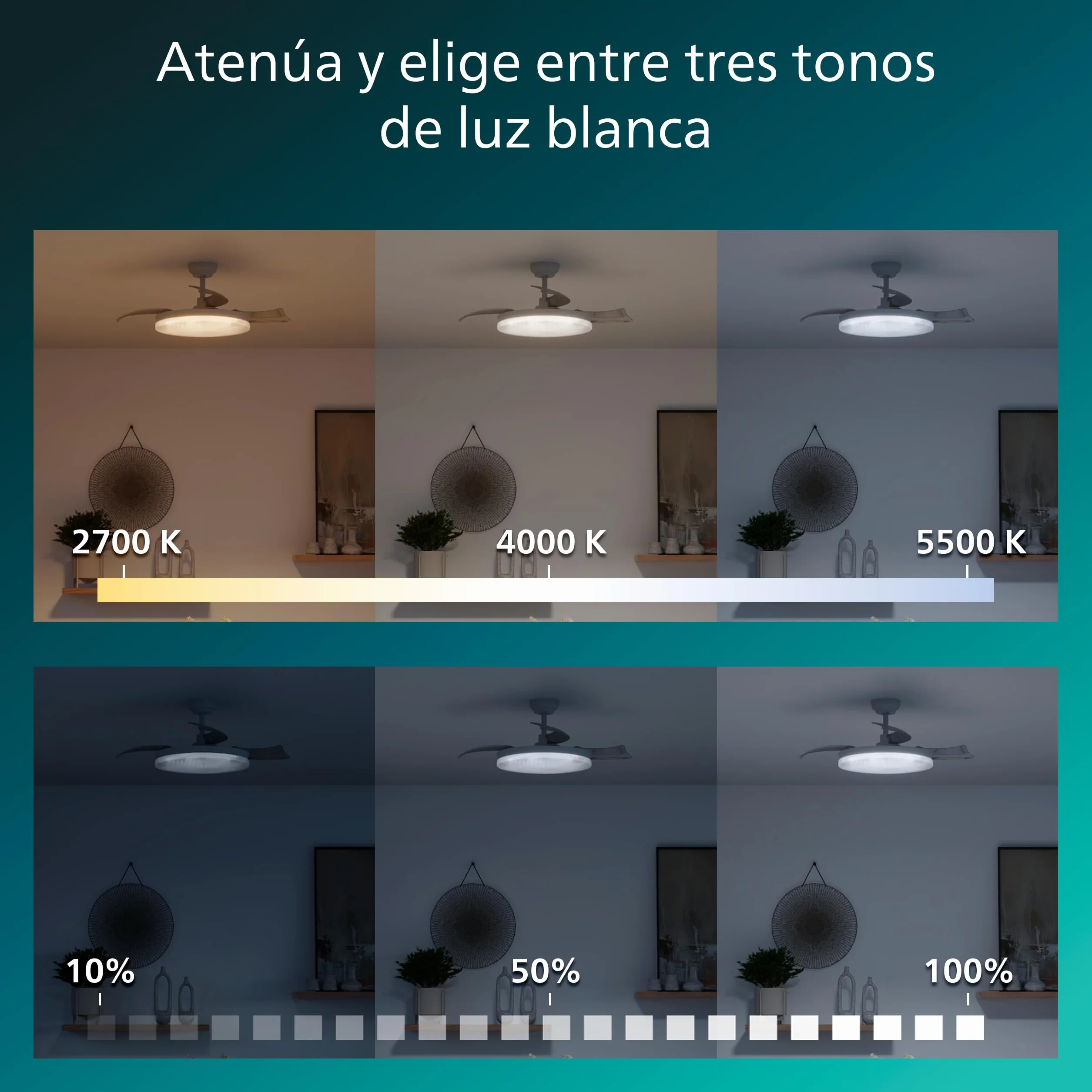 Philips Lámpara de Techo con Ventilador de Aspas Retráctiles LED 106 cm 4500 Lúmenes Blanco Tres Tonos Regulable Mando a Distancia