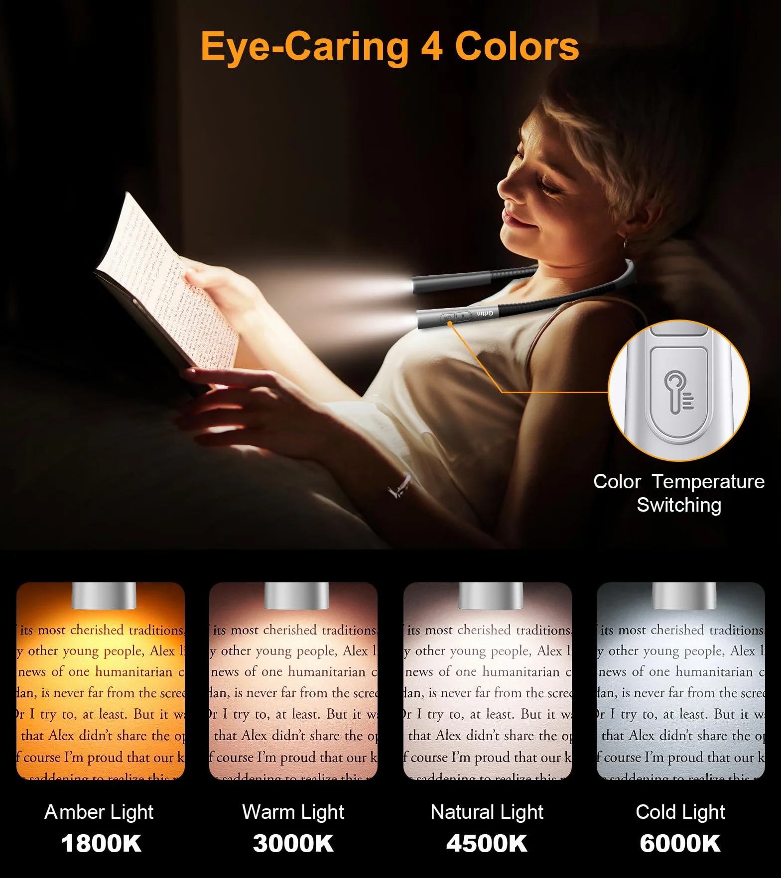 Gritin Luz de Lectura Cuello Recargable con Temporizador 30 min, 5 Brillo y 4 Temperaturas de Color, Función de Memoria y Atenuación Continua, Cómodo y Liviano