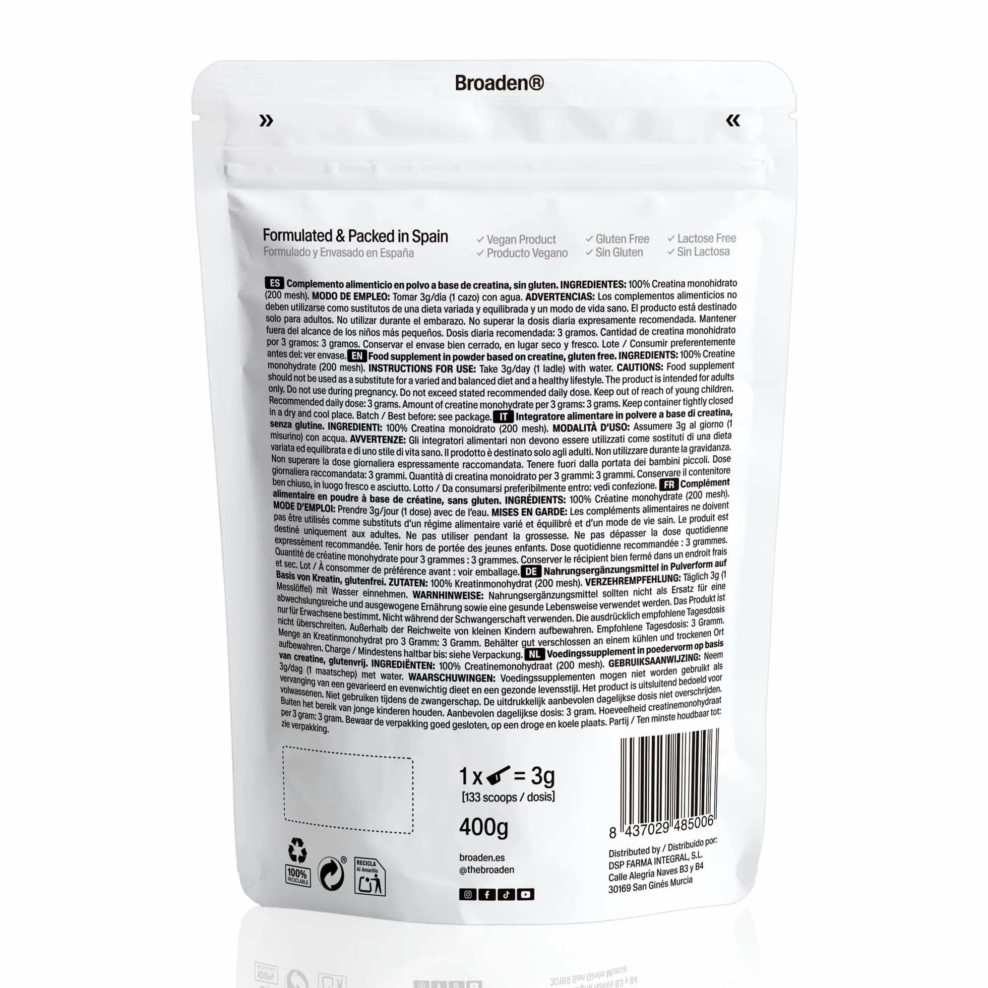 Creatina Monohidrata en Polvo Sin Sabor 400g 133 Dosis Micronizada