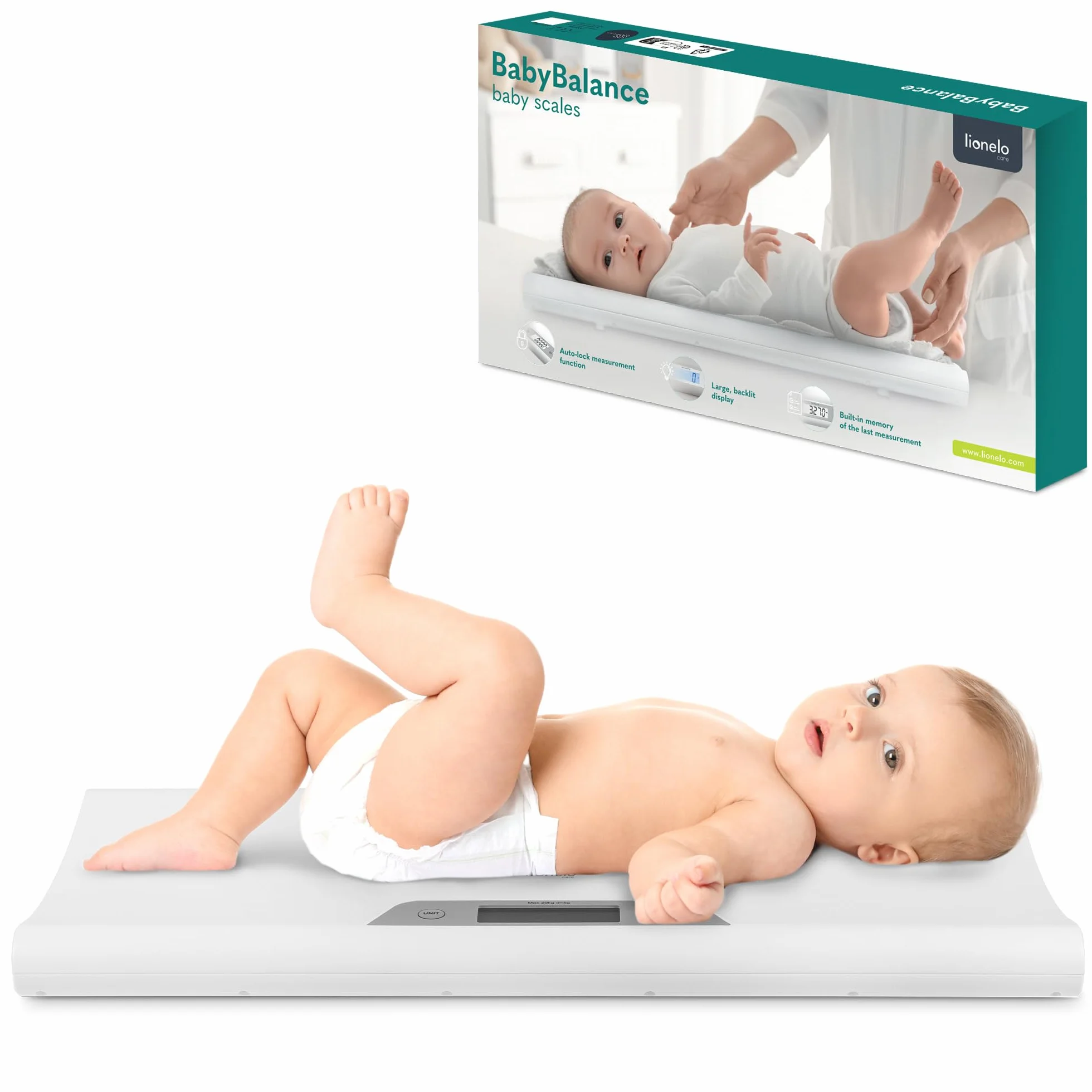 LIONELO BABYBALANCE Báscula electrónica para bebés hasta 20 kg, pantalla grande, pesaje preciso en 5 g