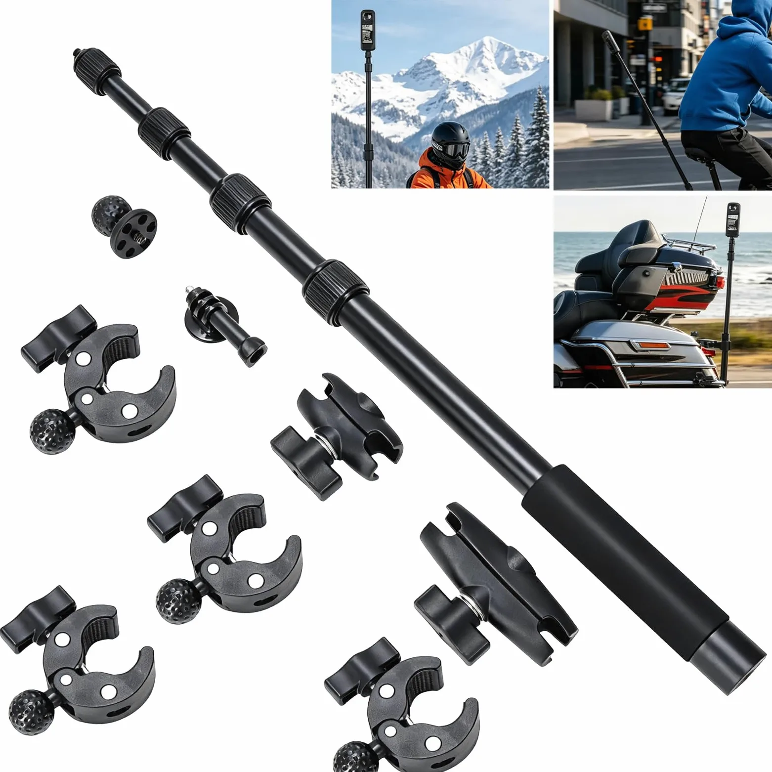 Soporte De Cámara para Moto Y Bicicleta, Abrazadera Doble Ajustable 360 Grados con Palo Selfie Invisible De 40-150cm, Compatible con Insta 360 X4 X5 para dji Osmo 360
