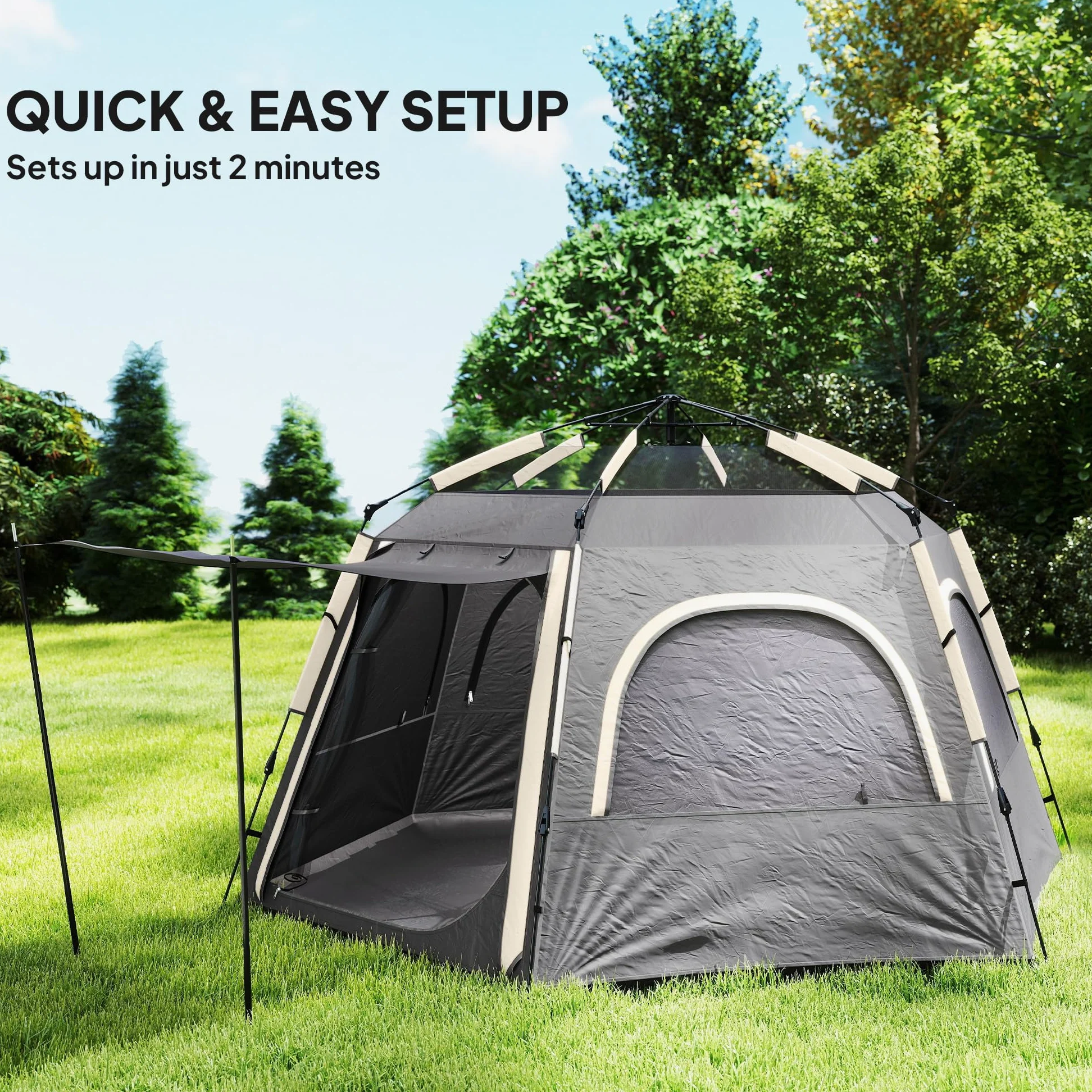 Outsunny Tienda de campaña instantánea para 2/3/4 personas, fácil instalación, tienda familiar con vestíbulo, lluvia, 4 ventanas de malla y 2 puertas, diseño hexagonal, tienda de campaña impermeable