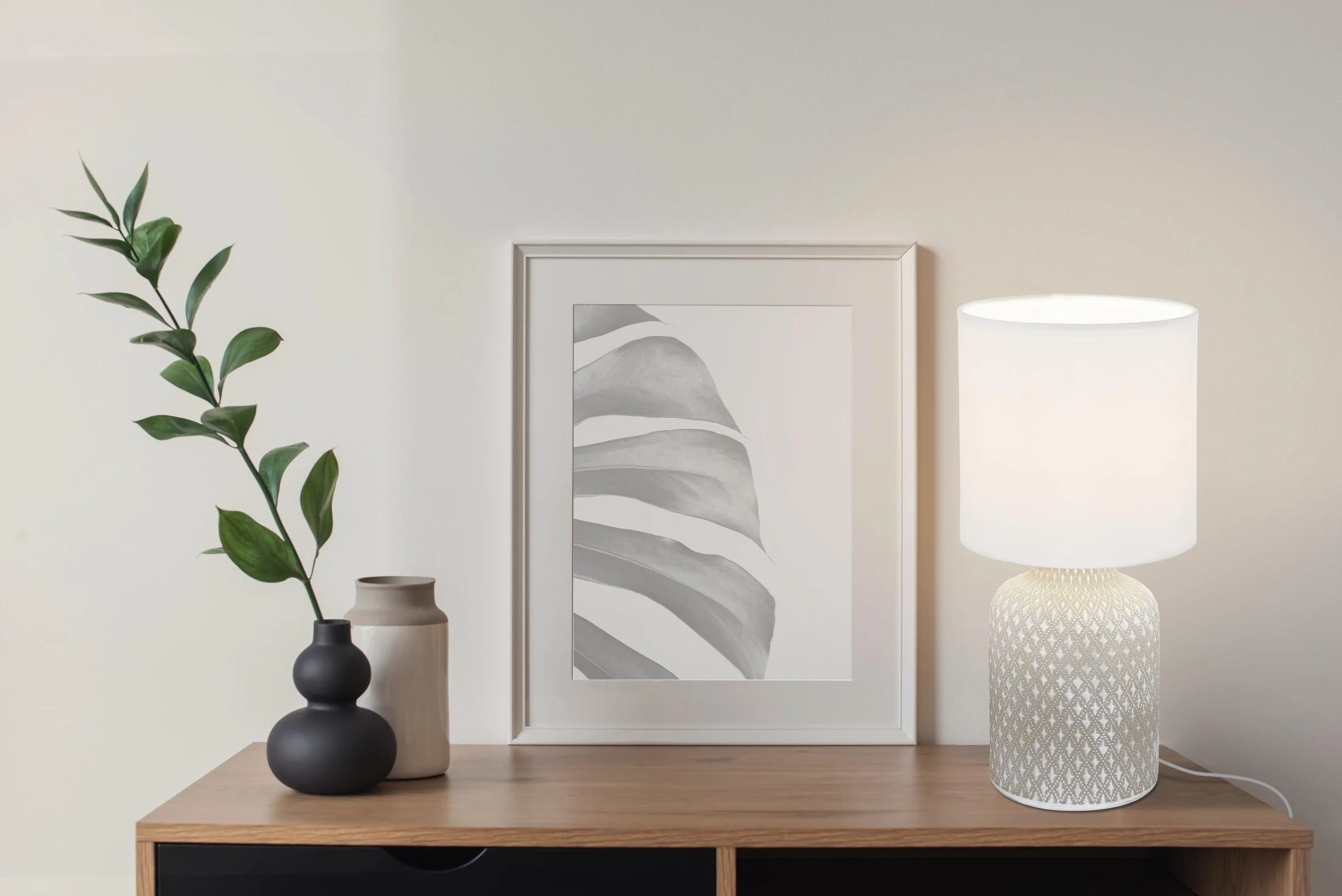 Eglo Bellariva Lámpara de mesa cerámica gris textil blanco E14