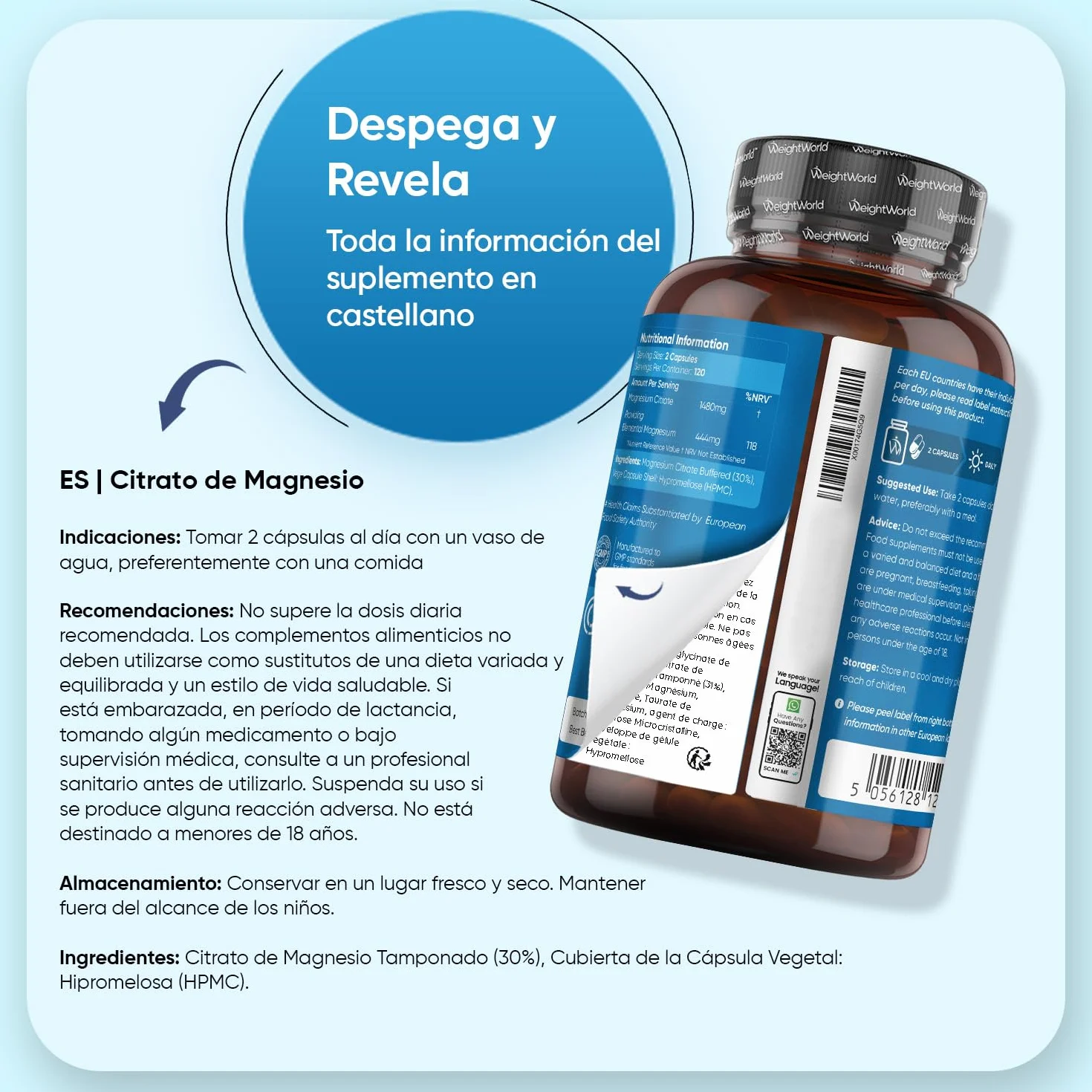 Citrato de Magnesio 240 Cápsulas Veganas 444mg Magnesio Puro 1480mg Citrato Sin Gluten