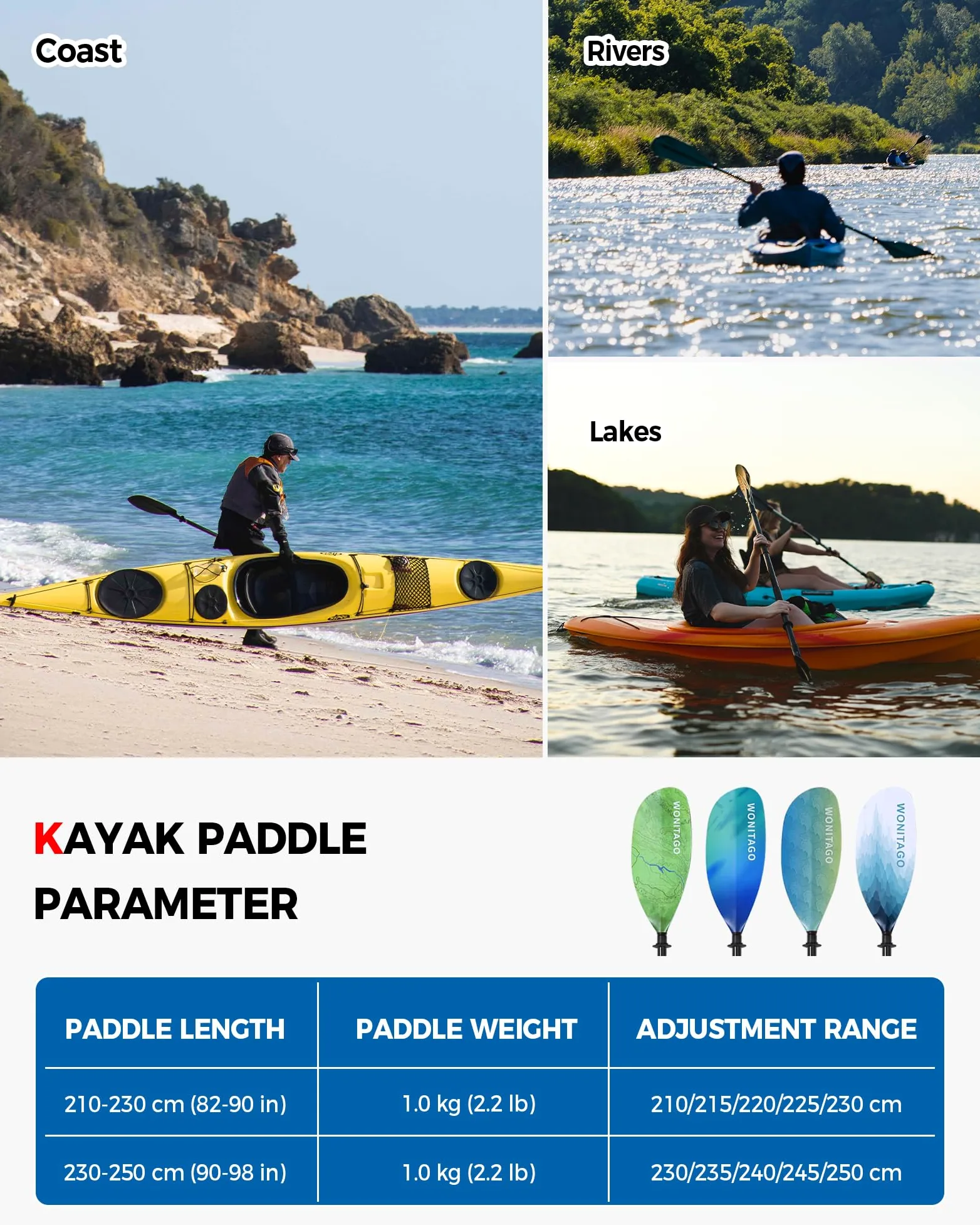 Palas de kayak de fibra de carbono con cuchillas de nailon, remos flotantes ajustables para kayak, 3 piezas, 210-230 cm, azul degradado