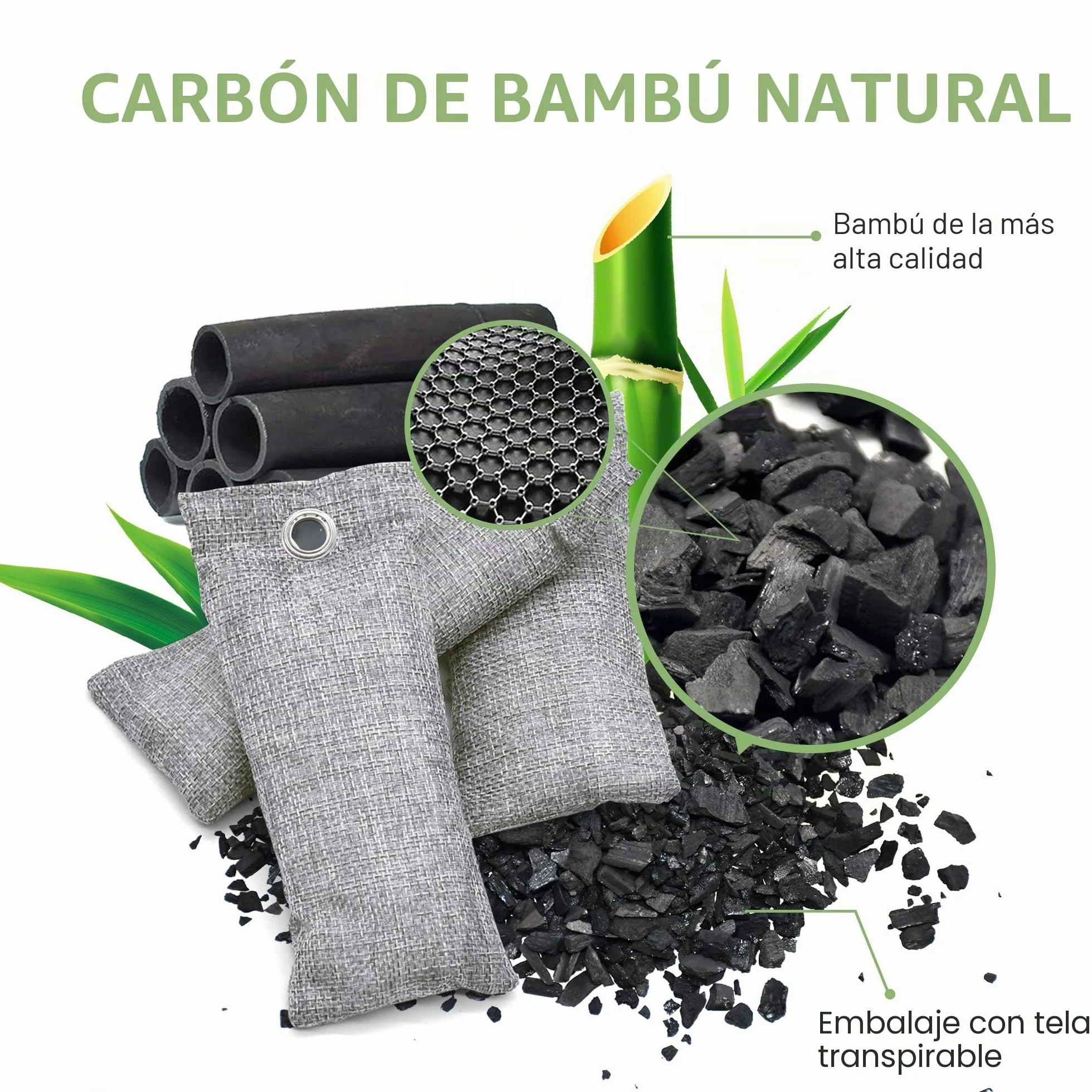 Bolsas Purificadoras de Aire de Carbón de Bambú Paquete 16 Bolsas Carbón Activado Absorbente Olores