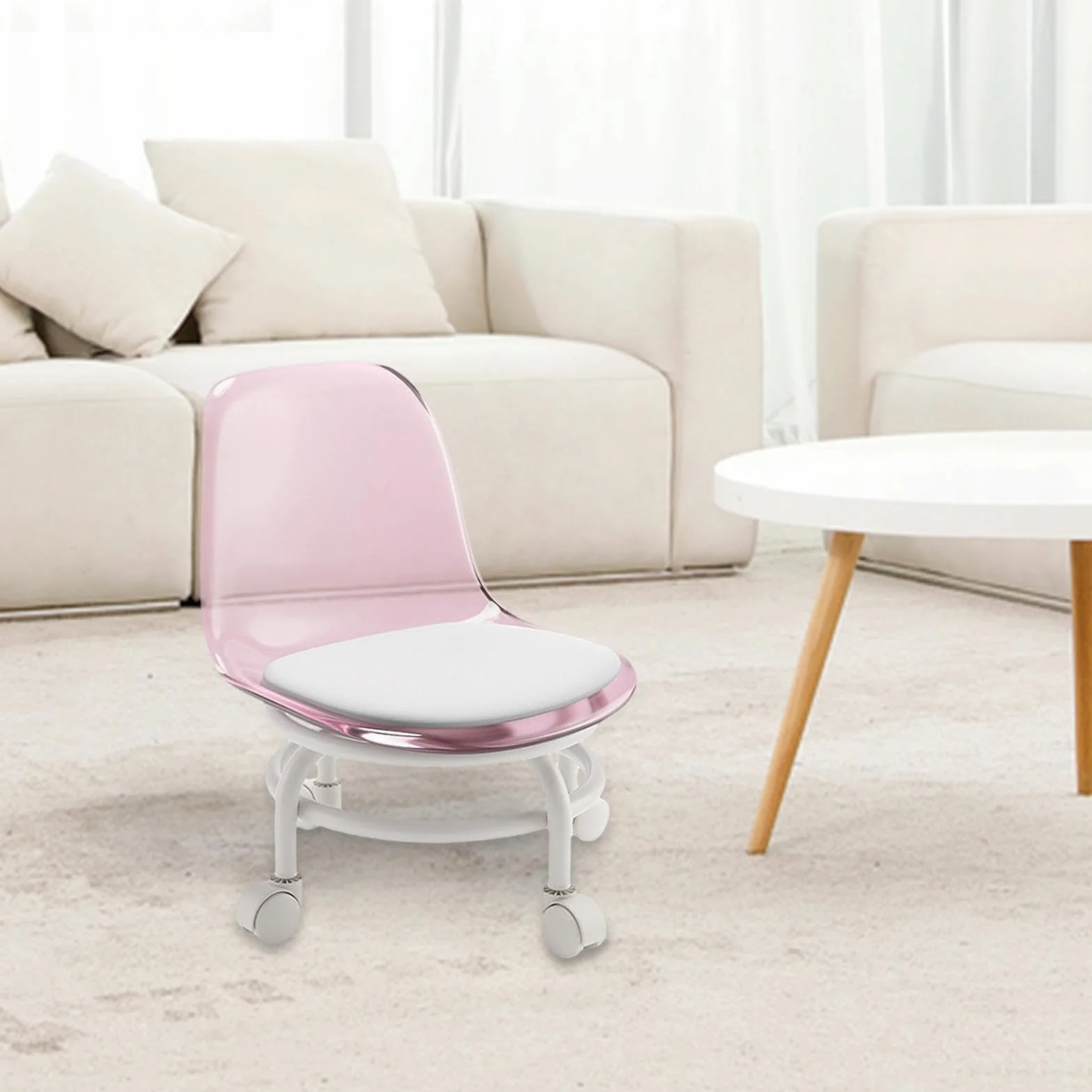 Taburete móvil con Respaldo Giratorio 360 Grados para Limpieza y Pedicura Rosado