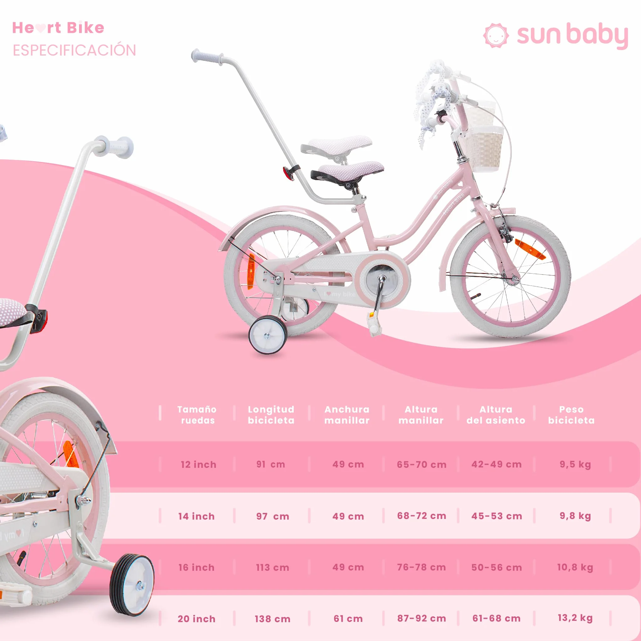 sun baby Heart Bike Bicicleta Infantil para niña 12/14/16 Pulgadas, con ruedines, Barra de Empuje, Cesta, Timbre, Freno contrapedal y V-Brake