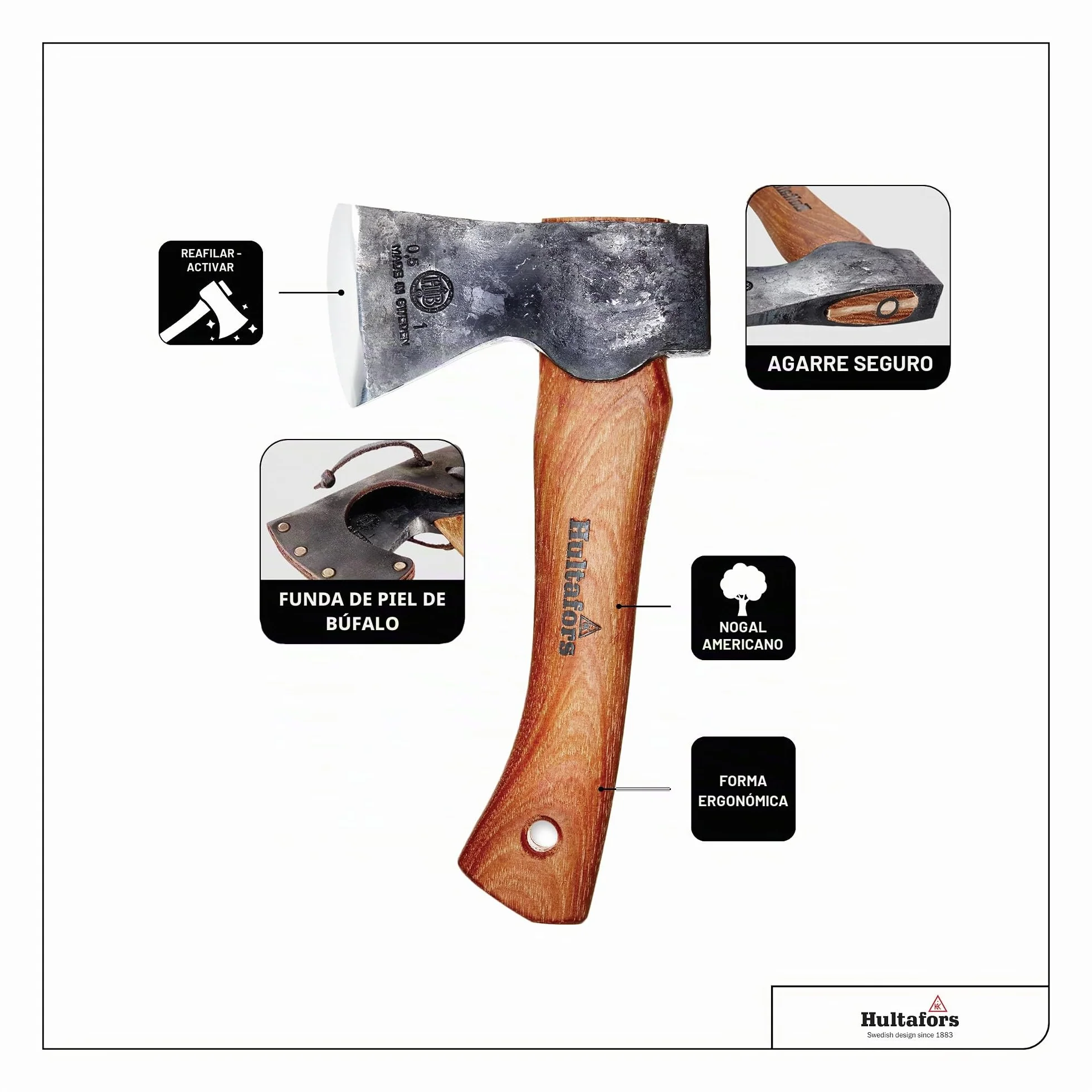Destral Agelsjön forjada a Mano de 235mm Hecho de Acero Sueco I Hultafors I Hecho en Suecia I Hacha 775g Mango de Madera de Nogal Americano y Funda Protectora de Cuero I para reafilar I 841760