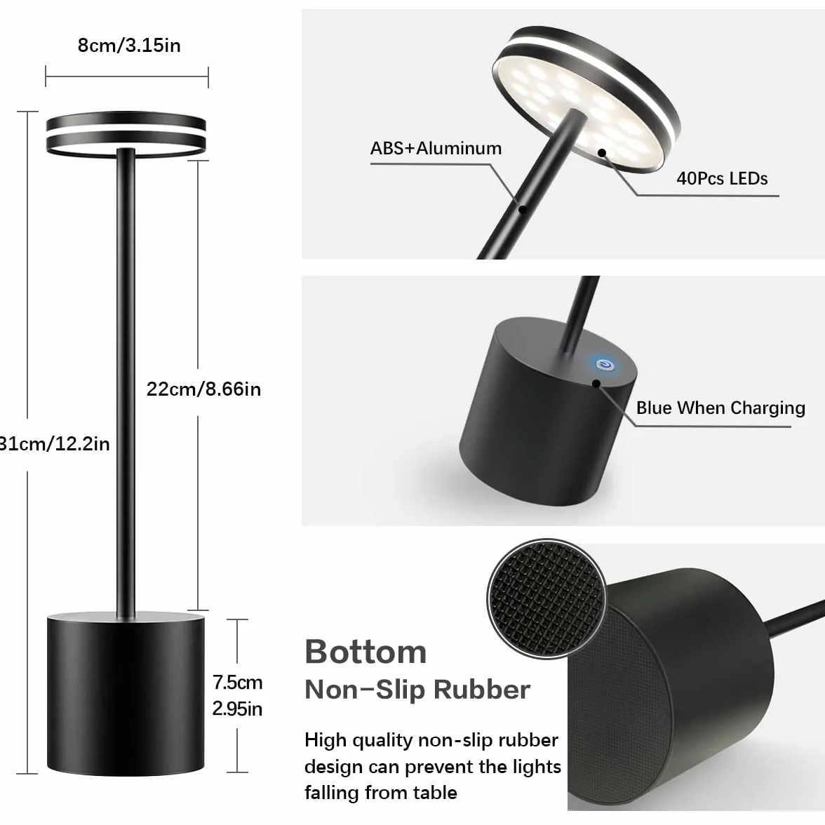 Hapfish Lampara de Mesa LED Recargable Inalambrica 5000mAh USB 3 modos de color Negro
