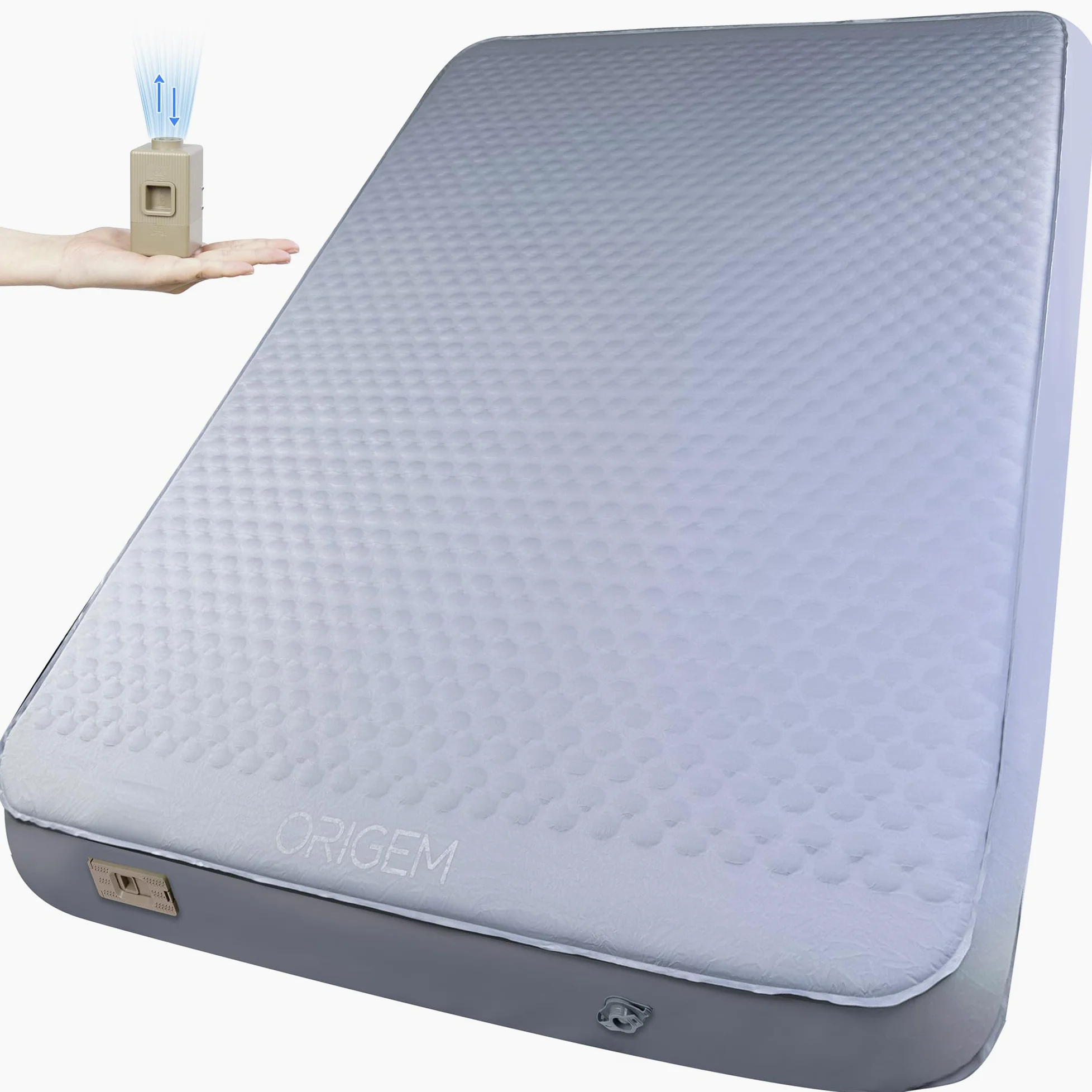 Origem Colchón Hinchable Doble Camping 200×140cm Bomba Eléctrica Integrada | 10 cm de grosor, Auto inflado y desinflado rápido, superficie de espuma para dormir en casa, camping, viajes y senderismo.