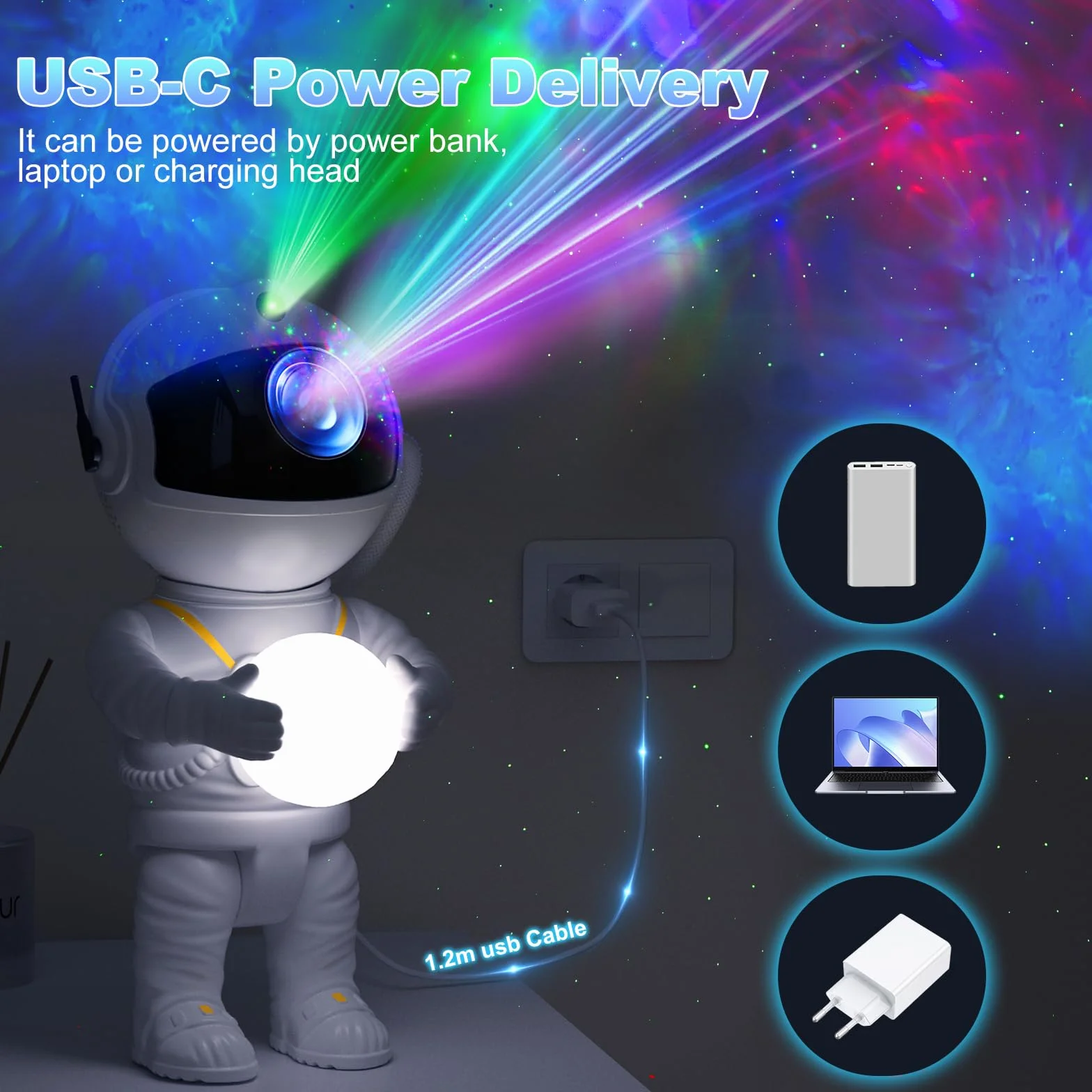 Feliigo Proyector Estrellas LED Astronauta Galaxy 8 Modos Iluminación Rotación 360° Mando Distancia Luz Nocturna Infantil