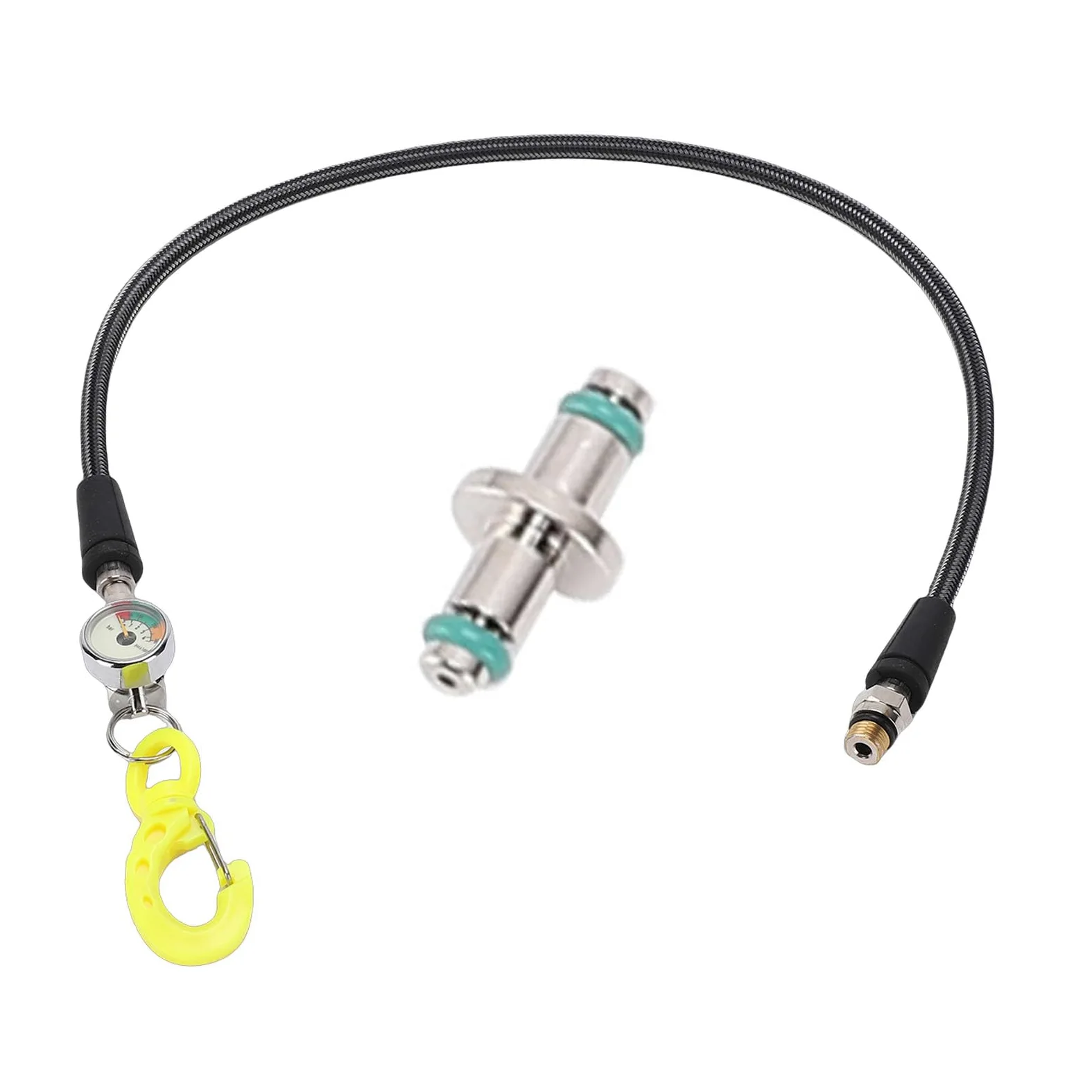 Medidor de Presión de Aire Sumergible con Manguera |Esfera Luminosa, Chaqueta de Fibra de Carbono, Gancho BCD para Equipo de Buceo (65CM)