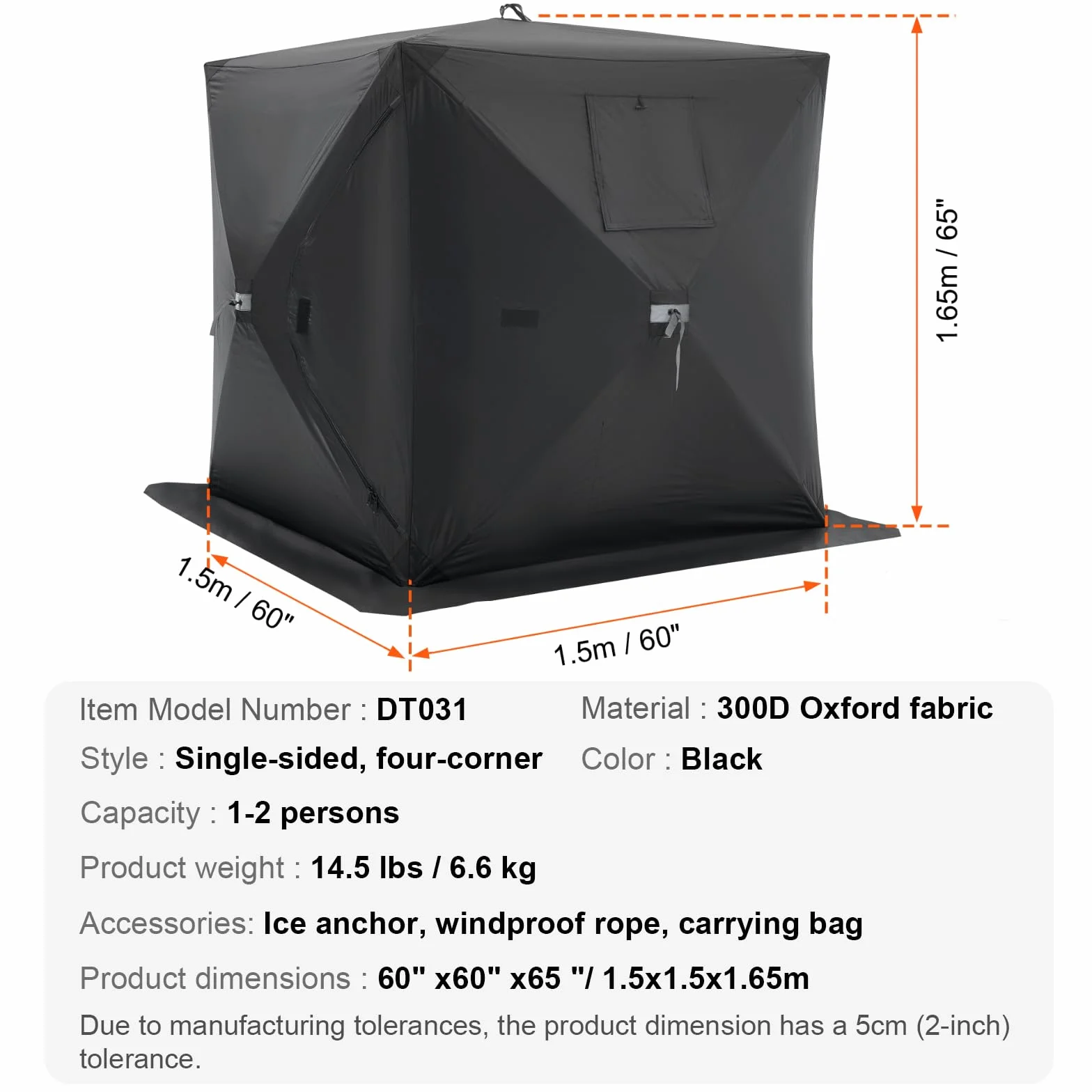 VEVOR Portable Pop-Up Ice Fishing Tent, 1-8 Person Insulated Ice Shelter, Large Fishing Area, Hub-Style Ice Shanty for Winter Fishing, Waterproof Oxford Ice Cube with Anchors/Ropes/Carrying Bag