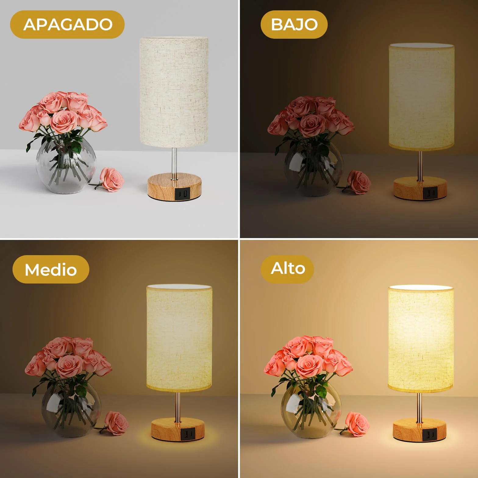 Suright Lámpara de Mesita de Noche Táctil Regulable con Puertos USB A+C, Lámpara de Mesa Pequeña para Dormitorio