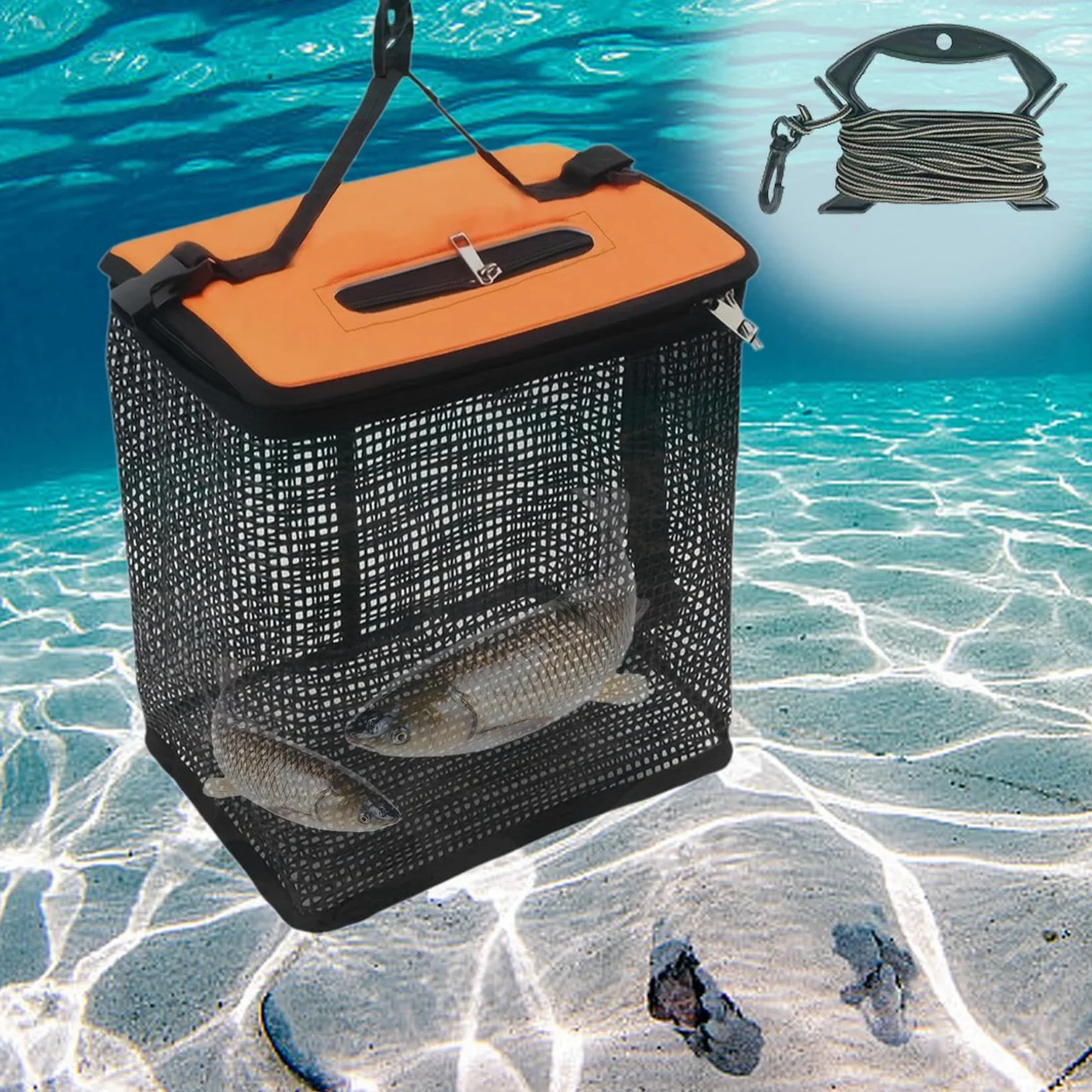 KESOTO Cesta Flotante para Peces Bolsa de Almacenamiento de Peces Plegable Red de Pesca Portátil Cesta de Protección con Nailon Adecuada para Pesca en Agua D