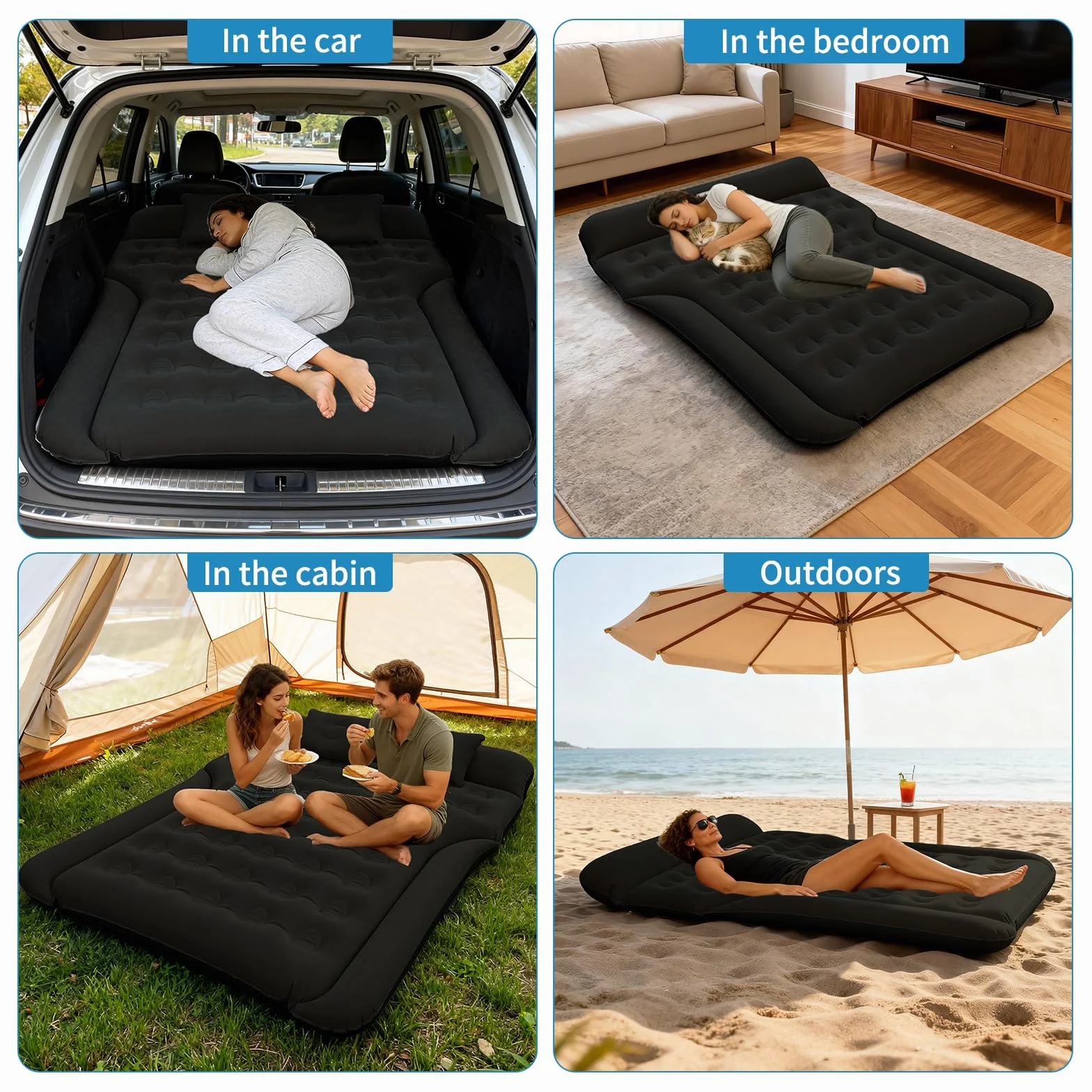 Colchón para Coche de Aire Plegable Asiento Trasero para Viajes y Camping Negro