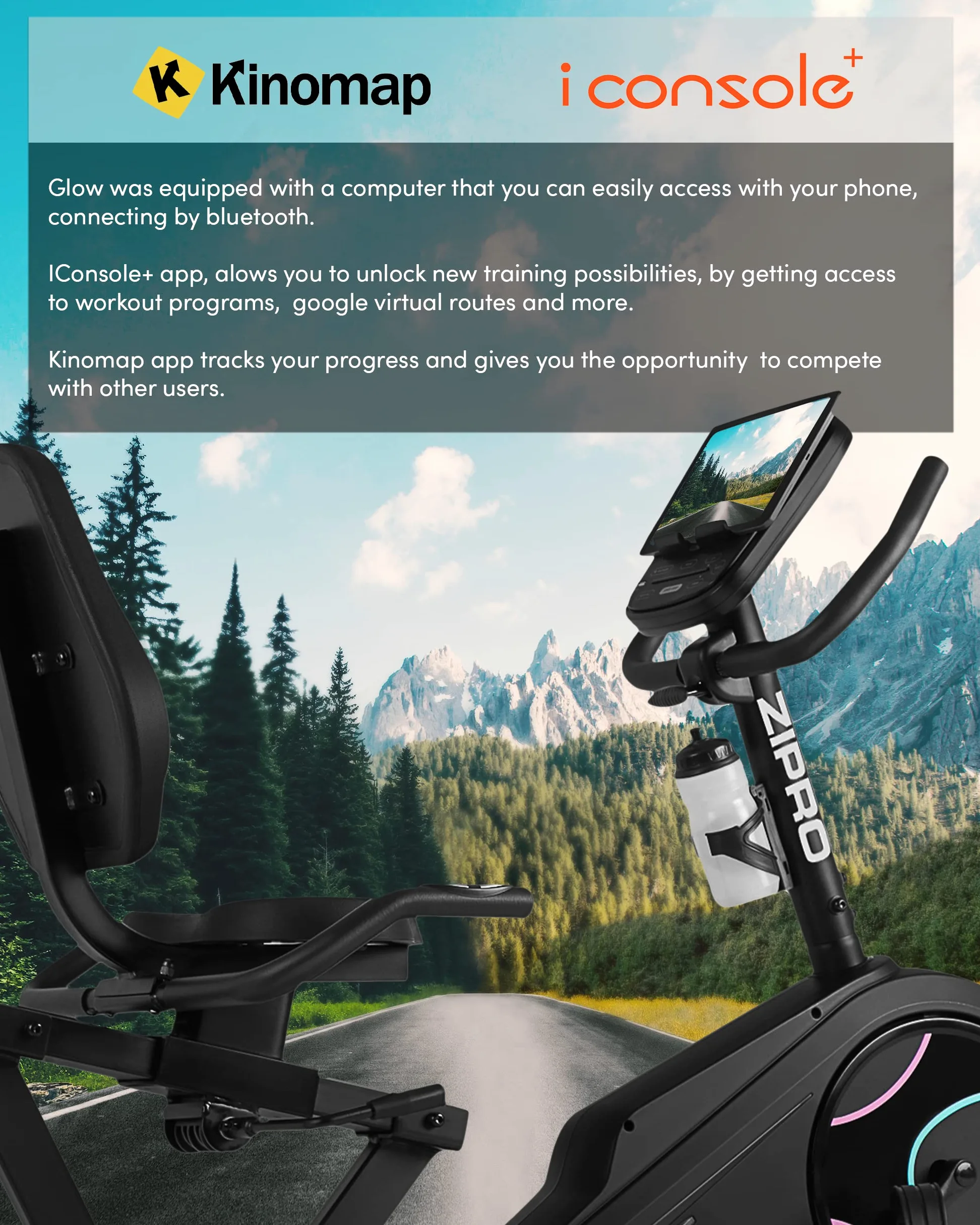 Zipro Bicicleta de entrenamiento en casa Iconsole+ Glow, Bicicletas estáticas, Bicicleta magnética de entrenamiento, Bicicleta ergométrica 150kg, Bicicleta de interior, Bicicleta de entrenamiento