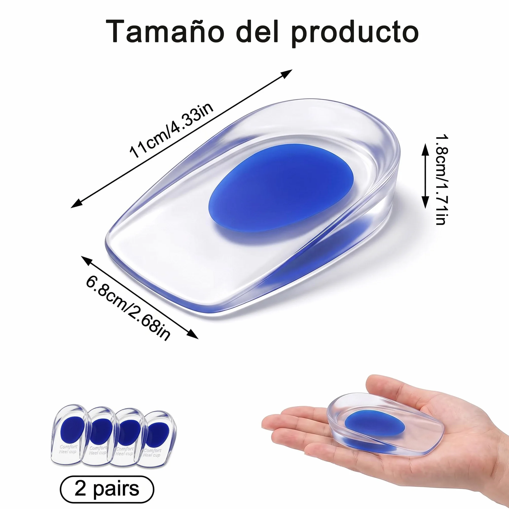 Taloneras Silicona PU Plantillas de Gel para Talón Anti-Dolor Fascitis Plantar Espolones Calcáneos Tamaño 39-45 Azul