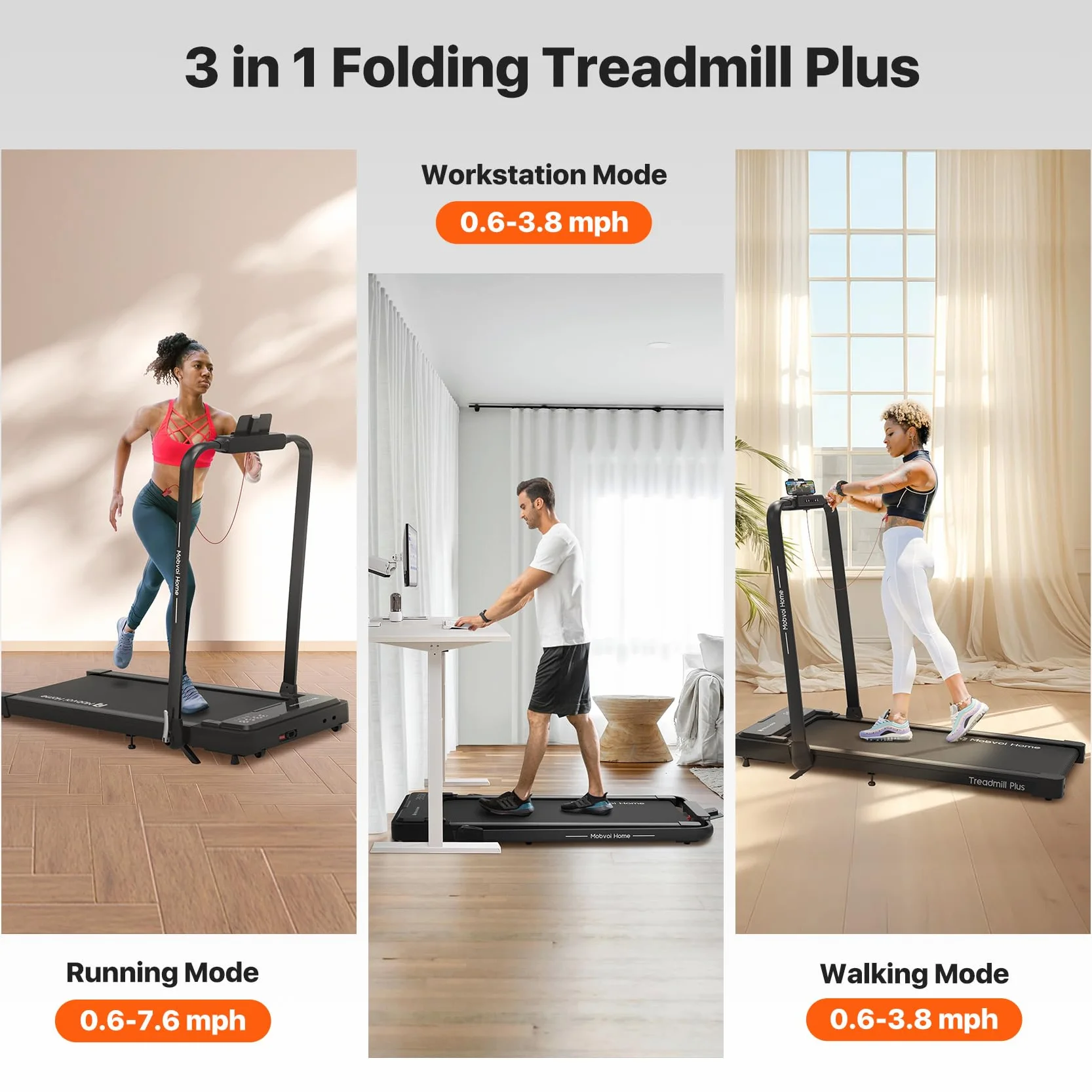 Mobvoi Home Treadmill Plus 3 in 1 Folding Treadmill Walking Pad 2.5HP Compact Under Desk Running Walking Machine for Home Office Remote Control LED Display 120kg 12KMH