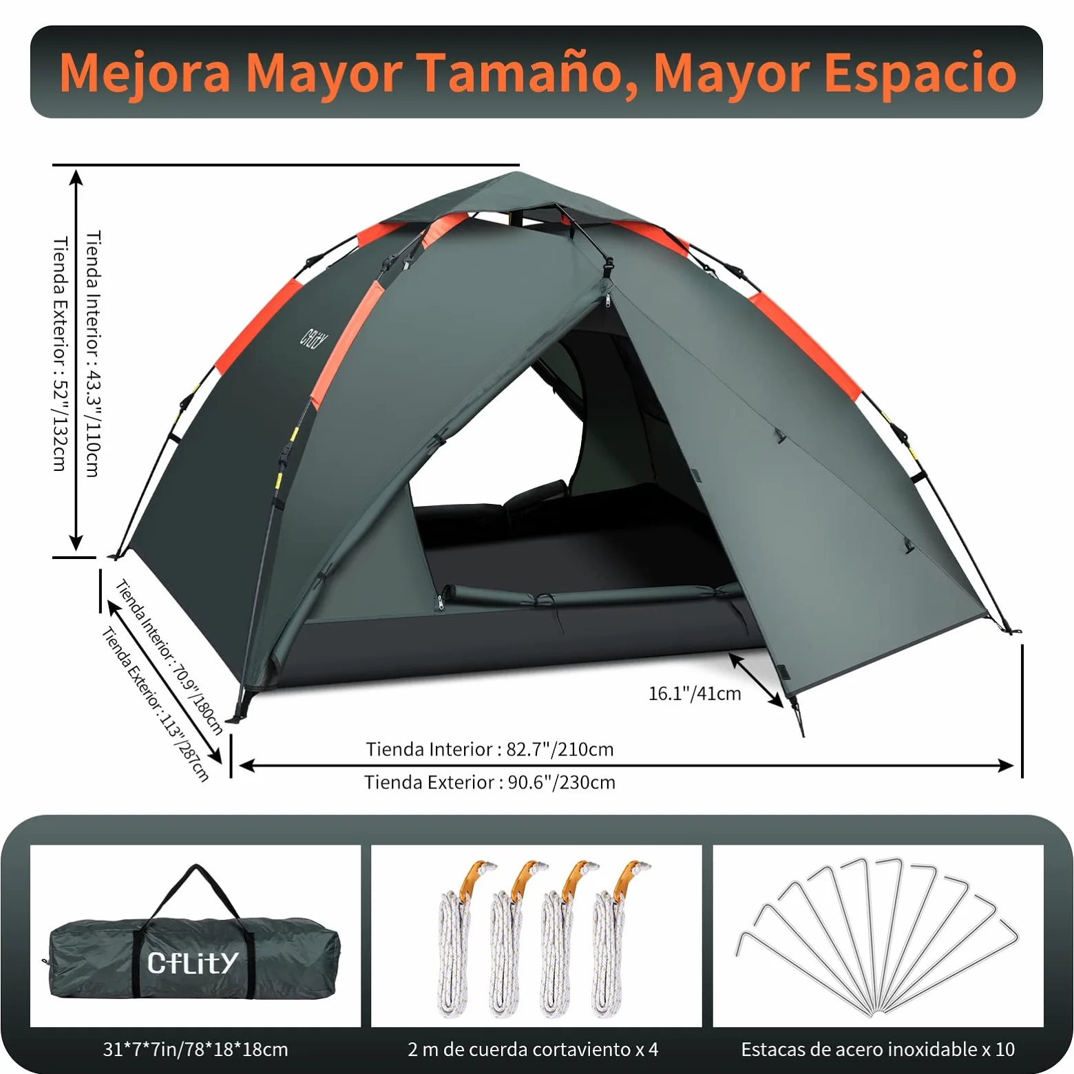 Cflity Tienda de Campaña, 3 Personas Tienda Instantánea Automática, Tienda Impermeable de Tres Capa, Carpa Grande y Ligera para 4 Estaciones, Carpa de Mochilero con 2 Porches Extensibles para Camping