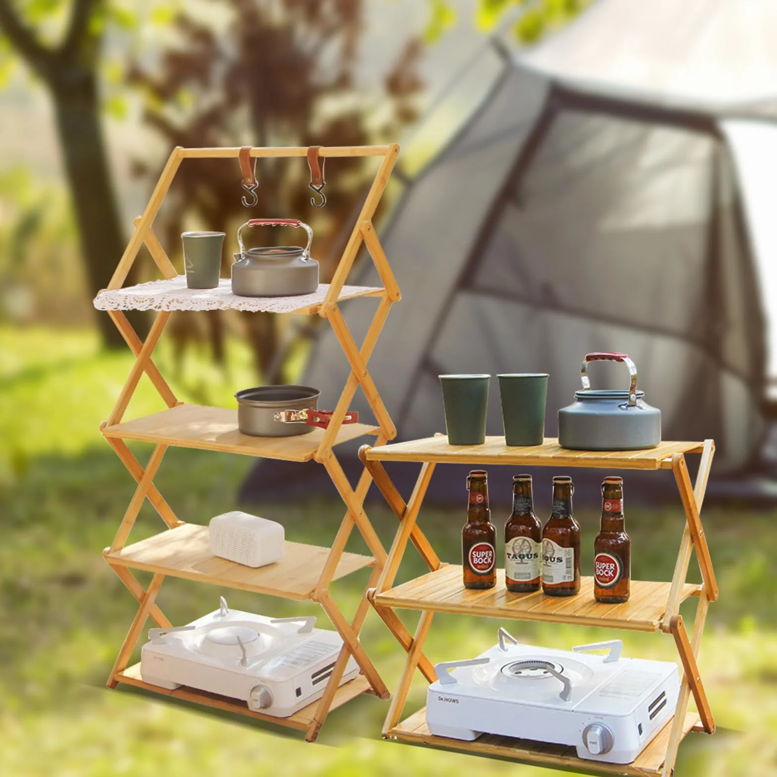 Estantería plegable de bambú, para camping, para exteriores, cocina, camping, barbacoa (4º piso, elevado)