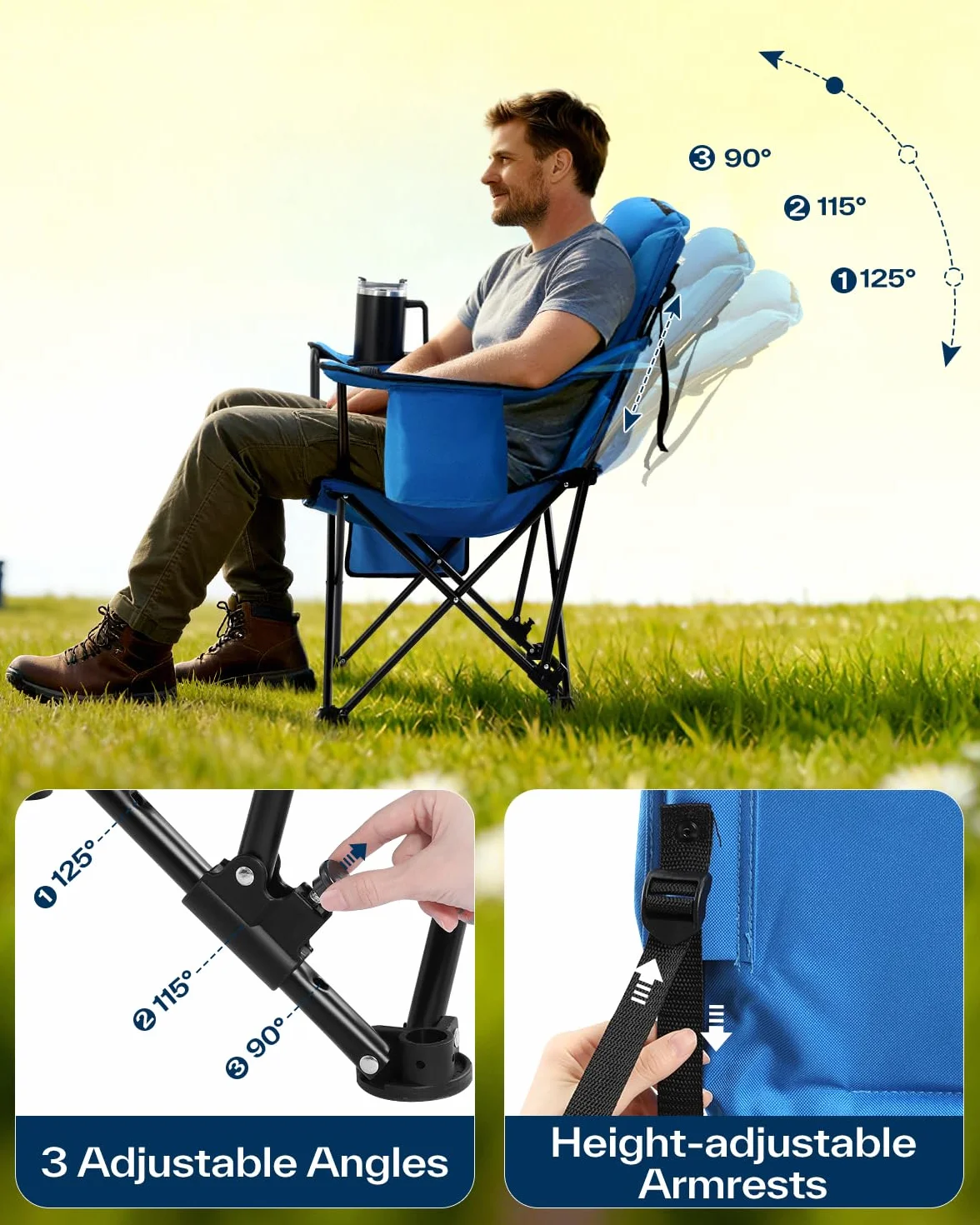 Sportneer Silla Plegable Camping hasta 160 kg, Sillas Camping Plegables 3 ángulos Ajustables, con Respaldo, reposacabezas y Bolsa de Transporte